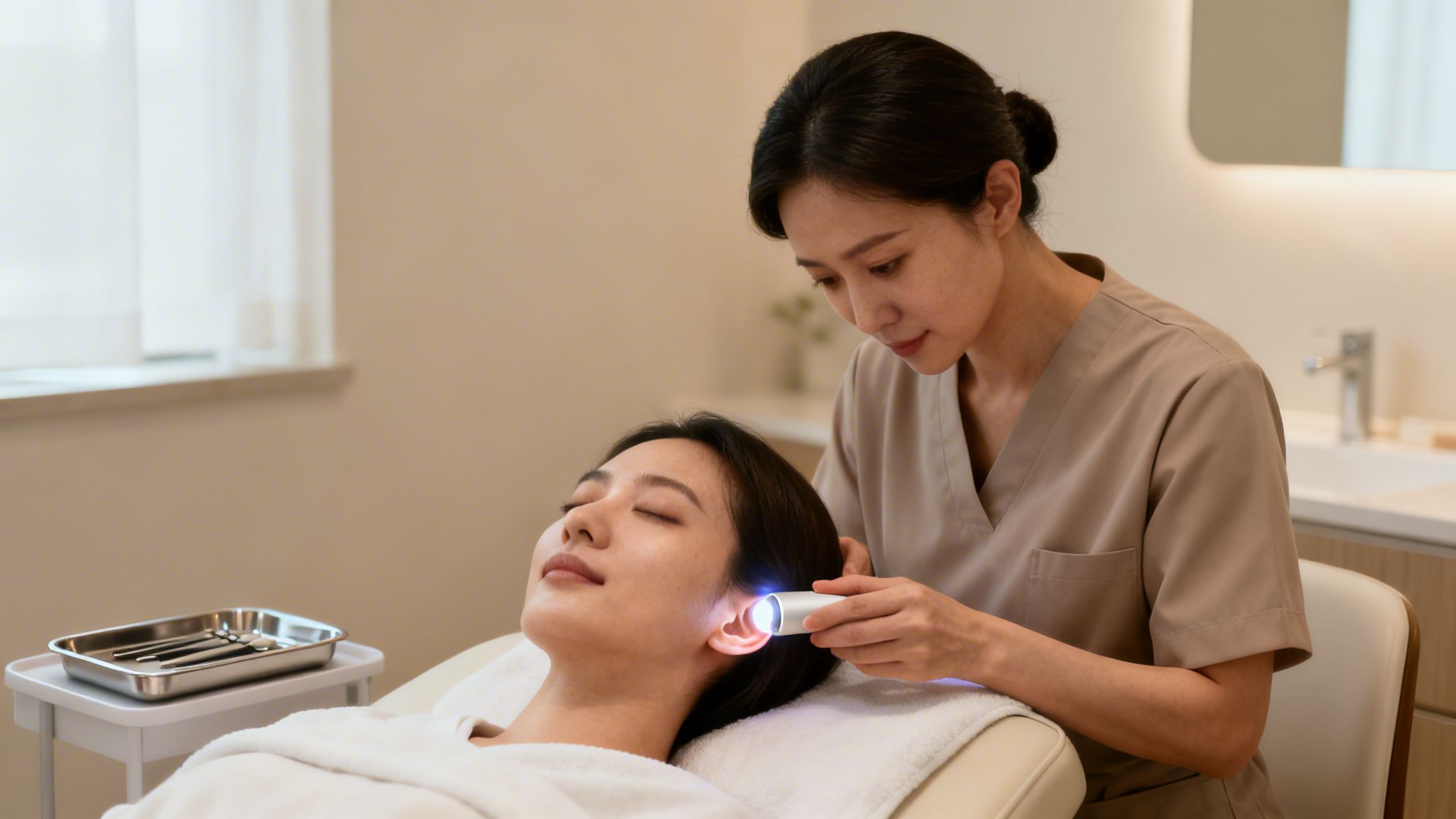 Traitement addiction rapide Belgique une séance 5 Une esthéticienne effectue un traitement d'oreille sur une cliente détendue allongée sur une table de spa.