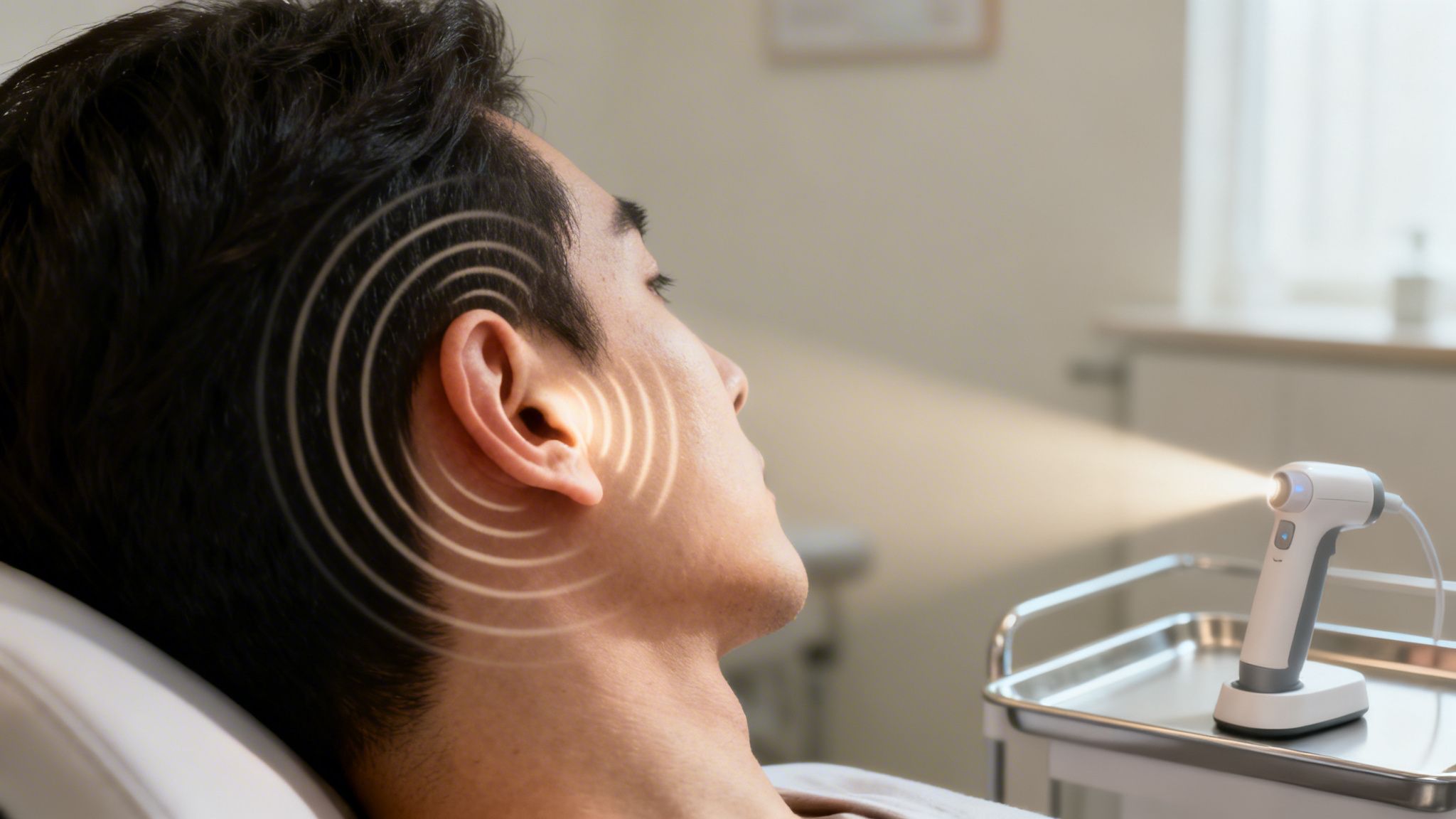 Traitement addiction rapide Belgique une séance 3 Homme allongé recevant une thérapie ciblée par ondes et lumière d'un appareil médical.