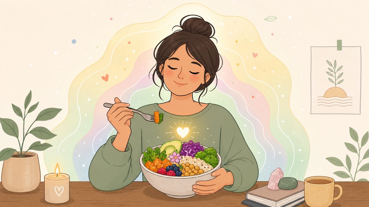 Une jeune femme joyeuse et sereine savoure un bol nutritif végétarien dans une ambiance apaisante et chaleureuse.