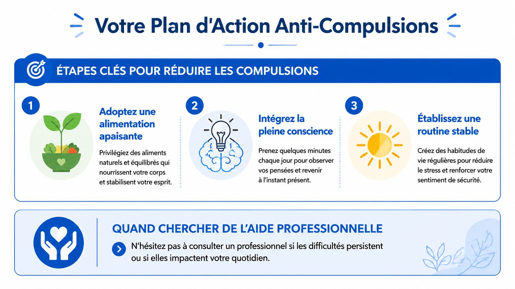 Une infographie présentant un plan d'action en trois étapes pour réduire naturellement les compulsions alimentaires quotidiennes.