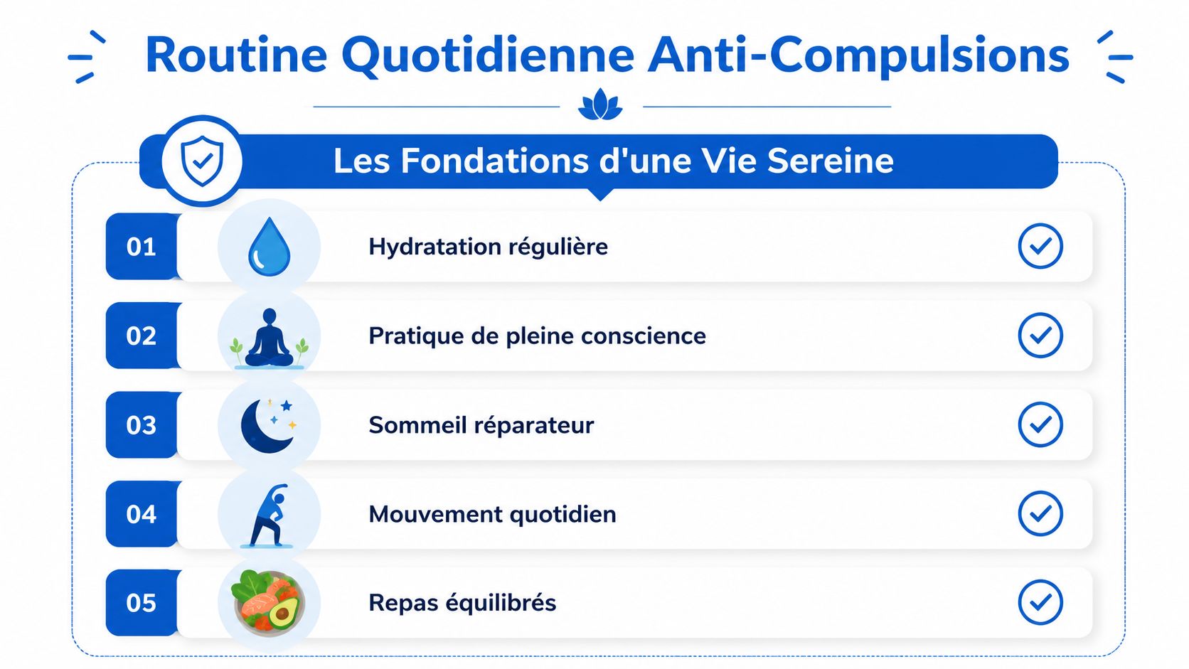 Infographie présentant une routine quotidienne pour apaiser les compulsions alimentaires et retrouver une vie plus sereine.
