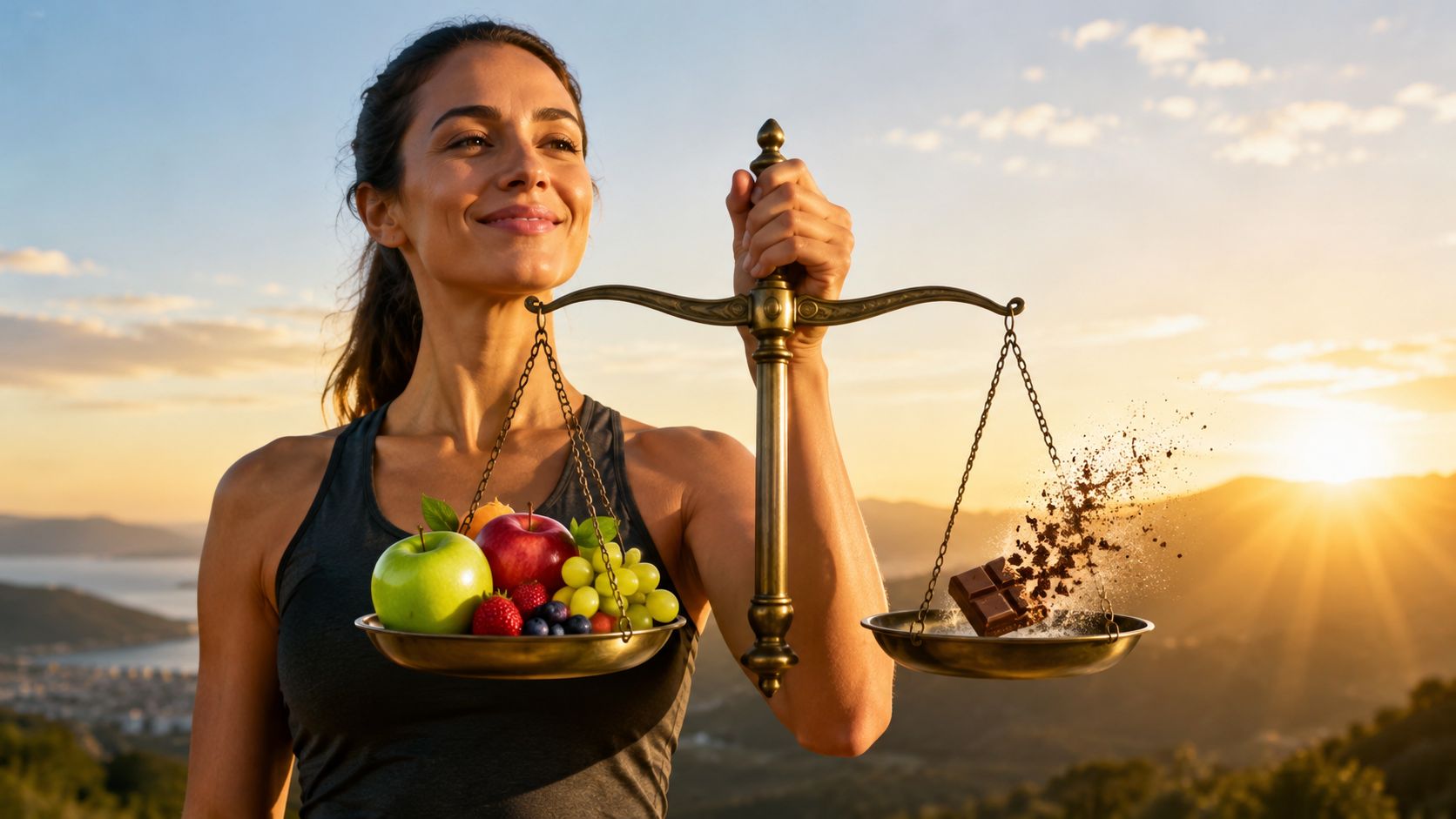 Réduire les envies de sucre grâce à l’auriculothérapie 3 Une femme souriante tient une balance équilibrant des fruits frais d'un côté et du chocolat de l'autre.