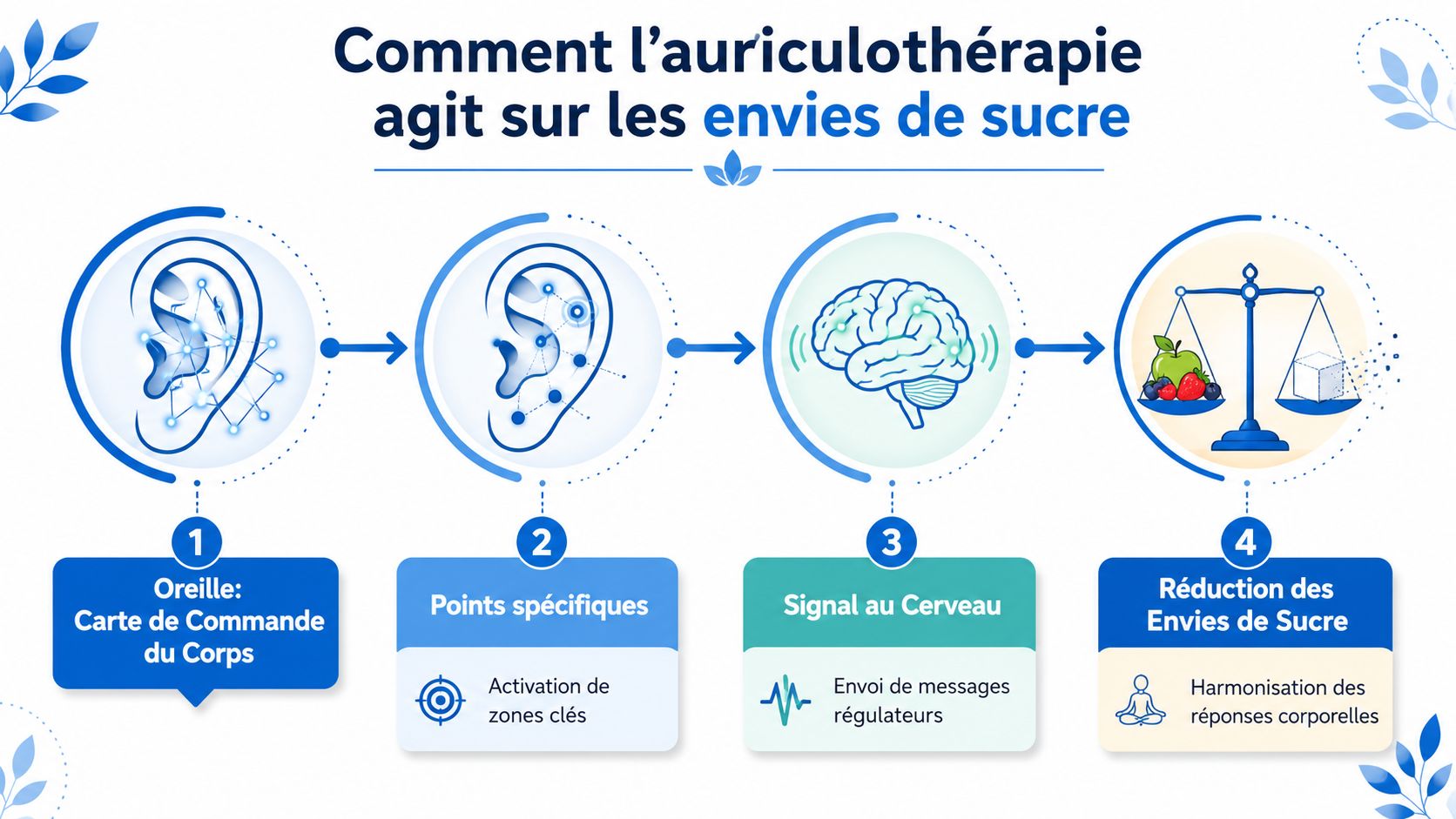 Réduire les envies de sucre grâce à l’auriculothérapie 1 Schéma explicatif montrant comment l'auriculothérapie agit pour réduire les envies de sucre à travers quatre étapes clés.