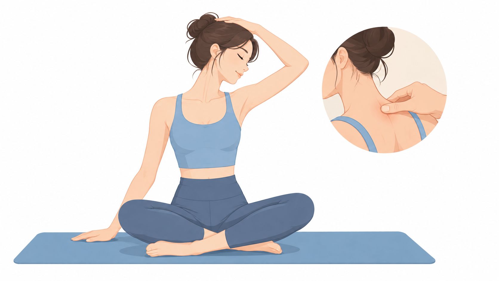 Release muscle tension : les meilleures techniques en 2026 2 Une femme assise sur un tapis effectuant un étirement du cou pour soulager les tensions musculaires.