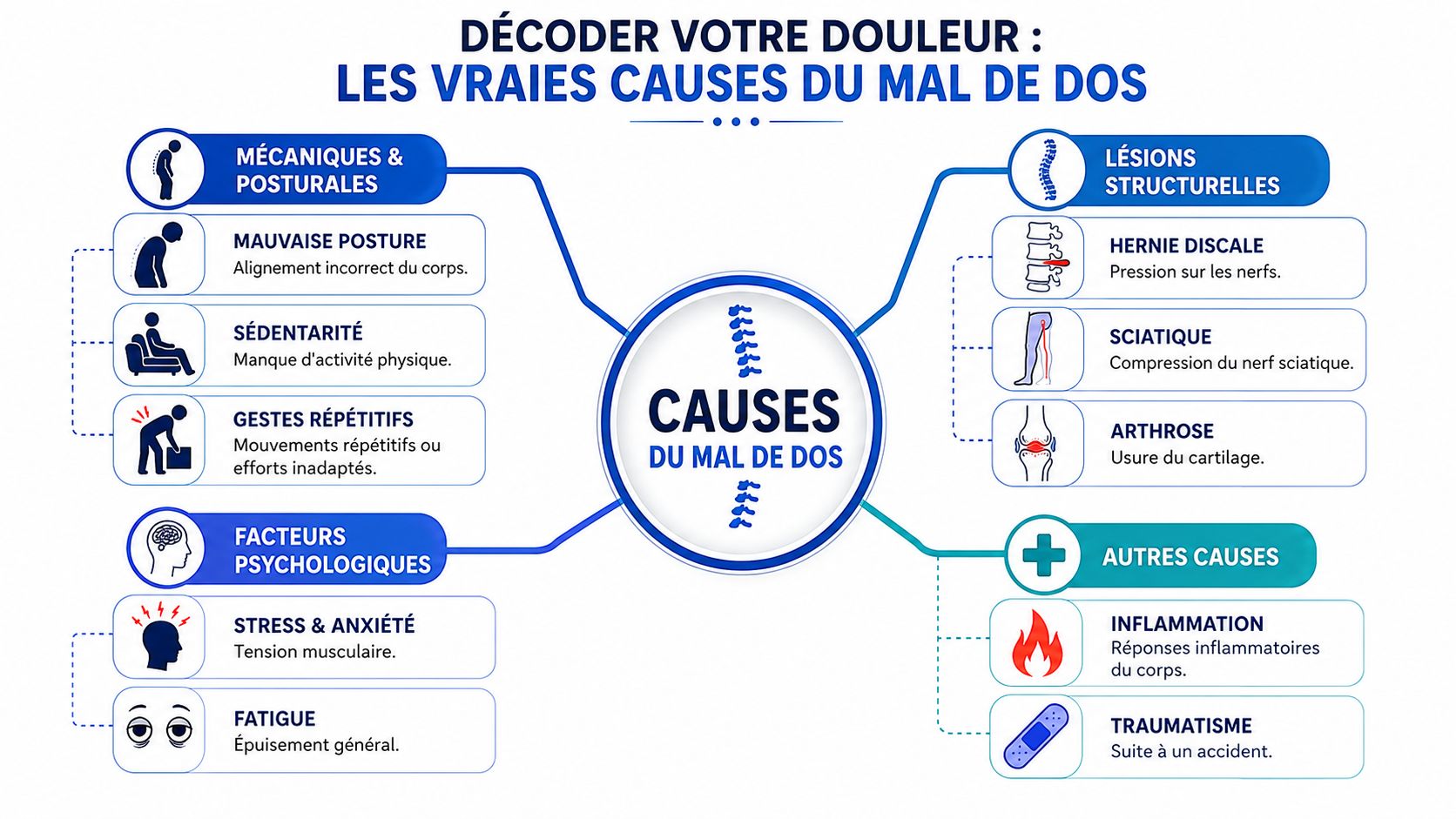 Infographie illustrant les différentes causes du mal de dos, incluant facteurs mécaniques, psychologiques et structurels.