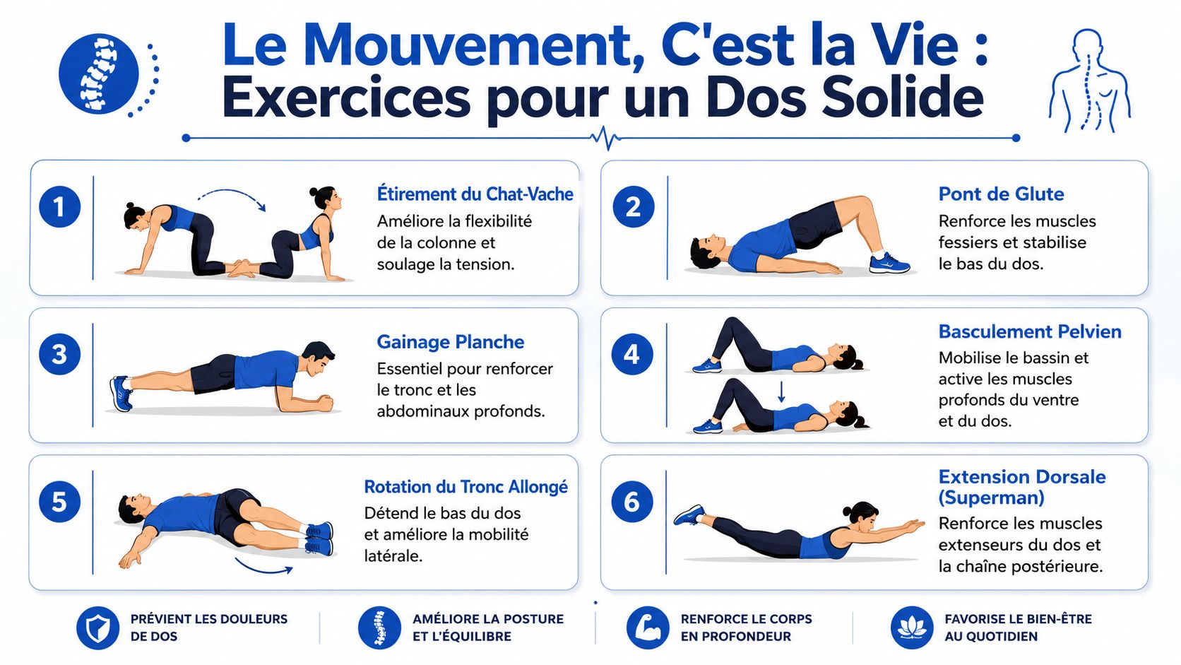 Illustration montrant six exercices de gymnastique douce pour renforcer le dos et soulager les douleurs lombaires.