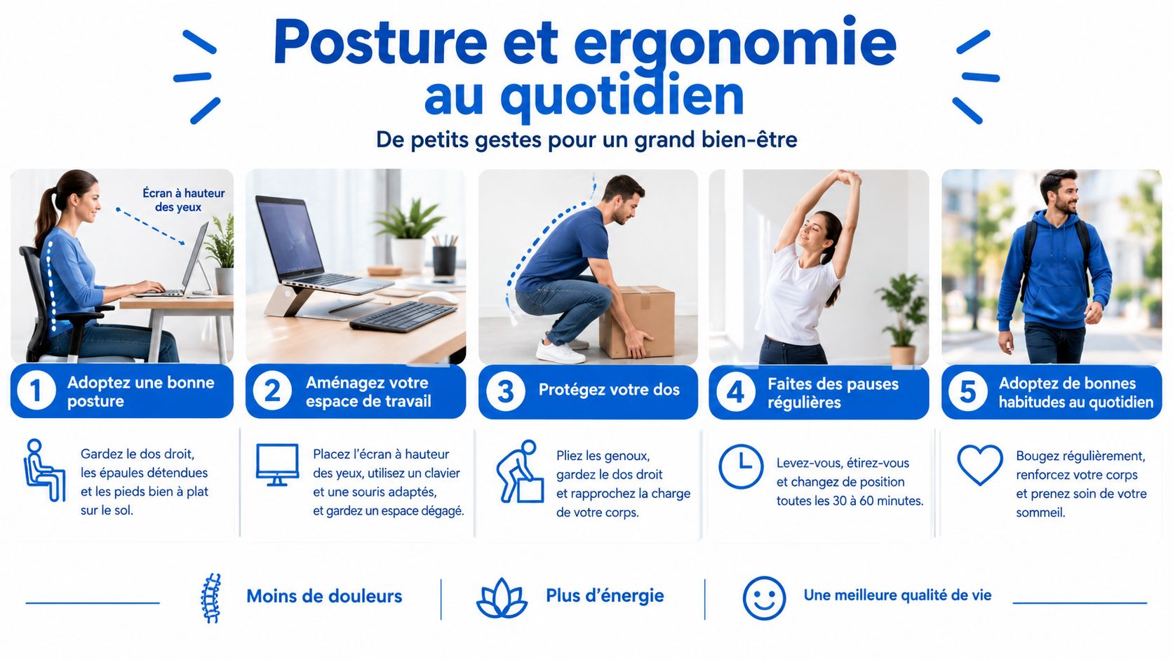 Une infographie présentant cinq conseils ergonomiques essentiels pour maintenir une bonne posture et prévenir les douleurs dorsales.