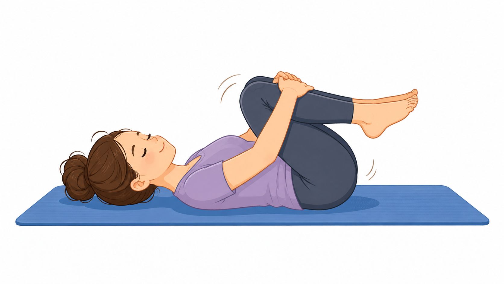 Une femme allongée sur un tapis de yoga faisant l'exercice de genoux à la poitrine pour le dos.