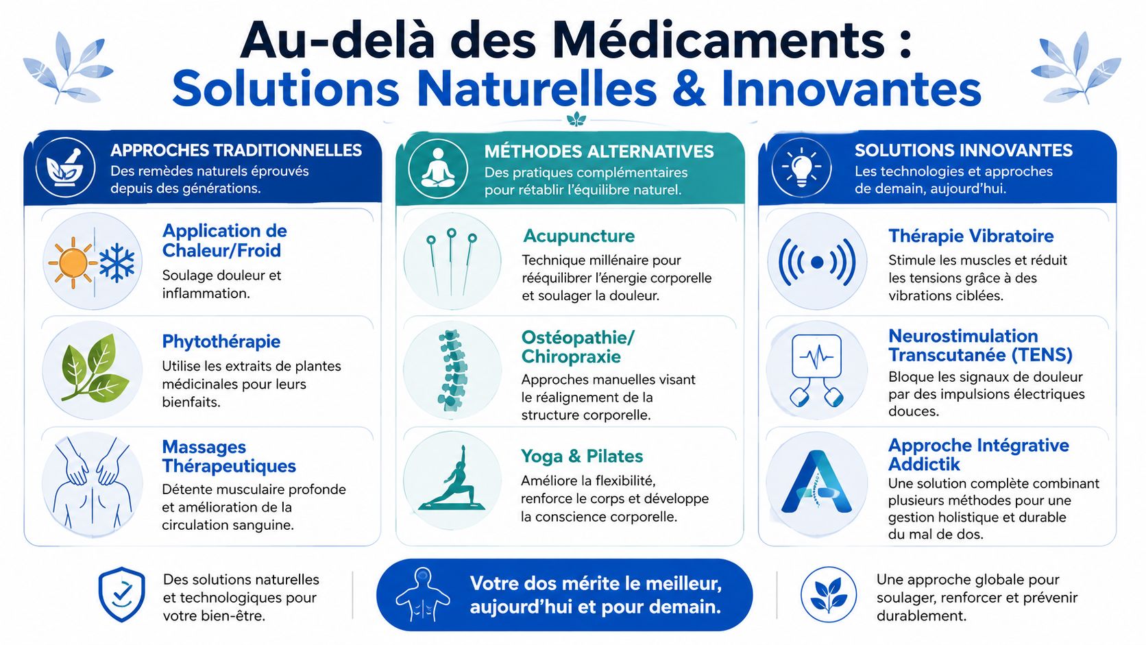 Infographie présentant diverses approches naturelles et technologiques innovantes pour soulager le mal de dos au quotidien.