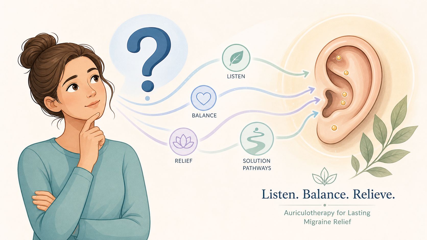Soulager la migraine: guide rapide et durable 4 Une femme réfléchissant au soulagement de la migraine grâce à l'auriculothérapie avec des points de pression auriculaire illustrés.