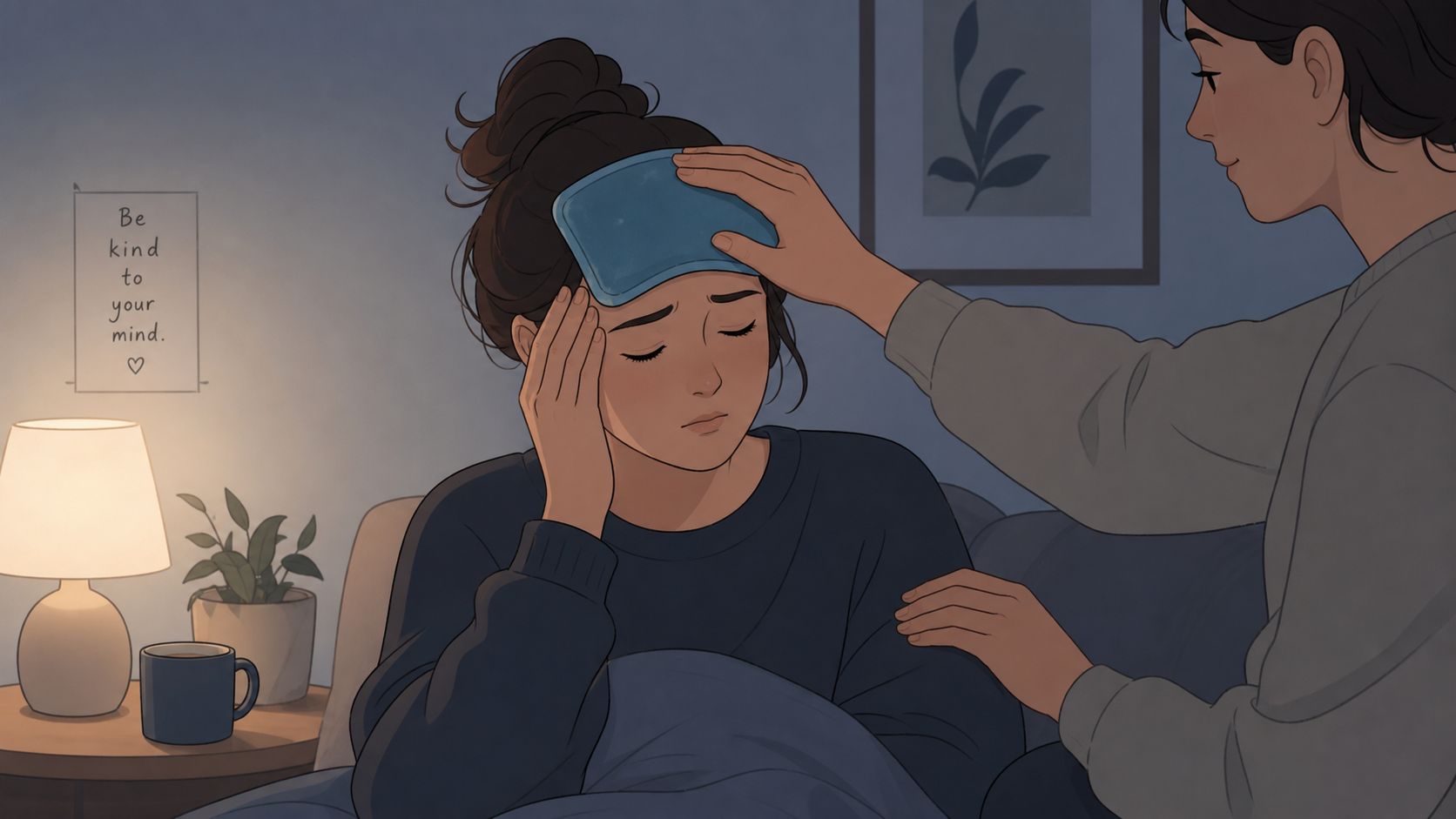 Soulager la migraine: guide rapide et durable 1 Une personne réconforte une amie qui souffre d'une forte migraine avec une compresse froide sur le front.