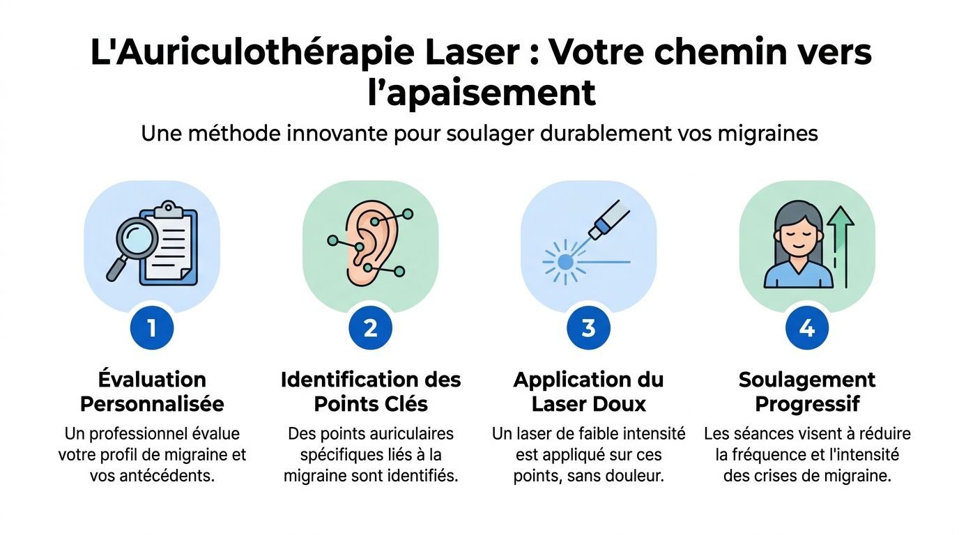 Soulager la migraine: guide rapide et durable 3 Infographie illustrant les quatre étapes de l'auriculothérapie laser pour soulager durablement les migraines chroniques.