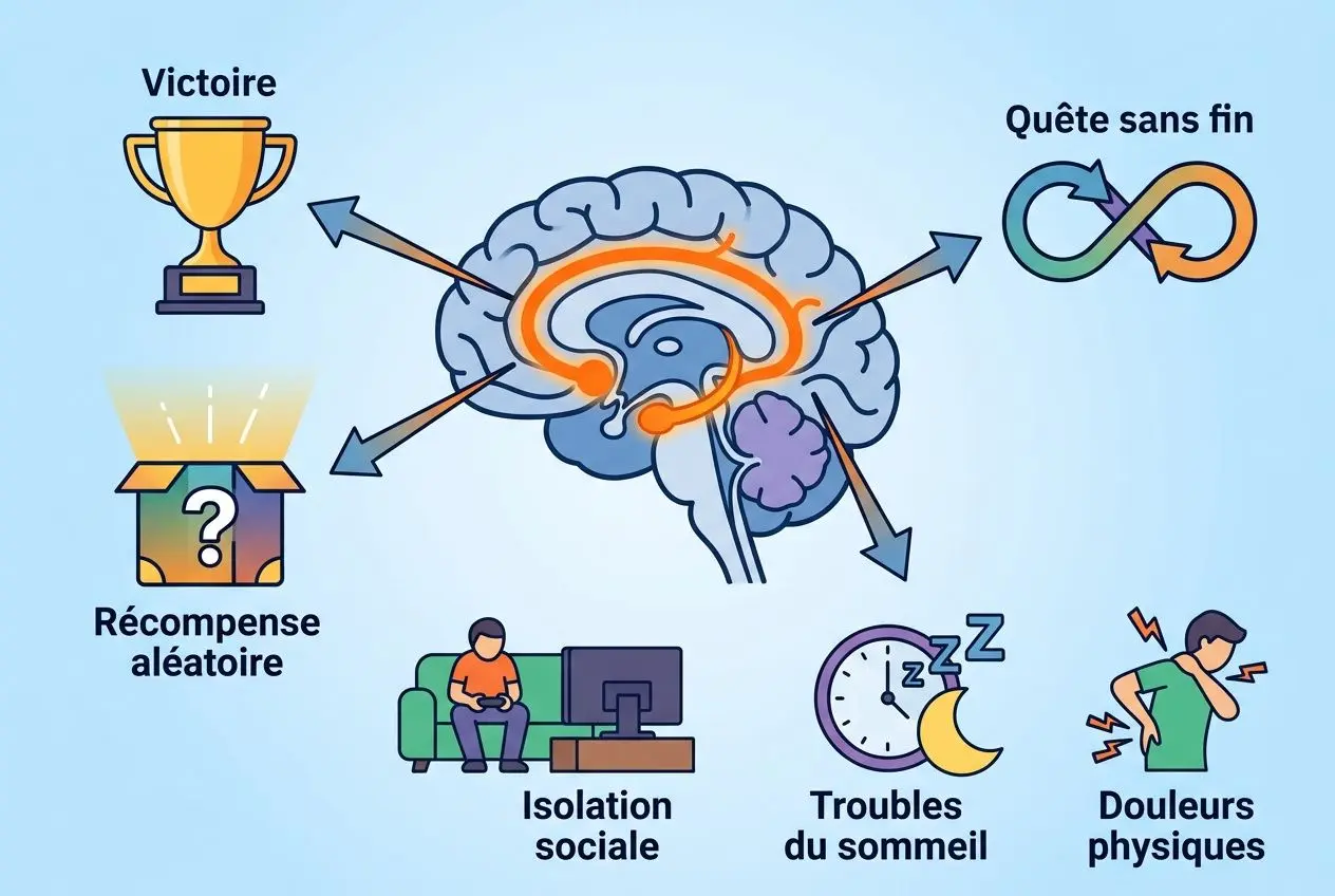 Représentation cérébrale des signes de l’addiction jeux vidéo: récompense, isolement, troubles du sommeil et douleurs physiques.
