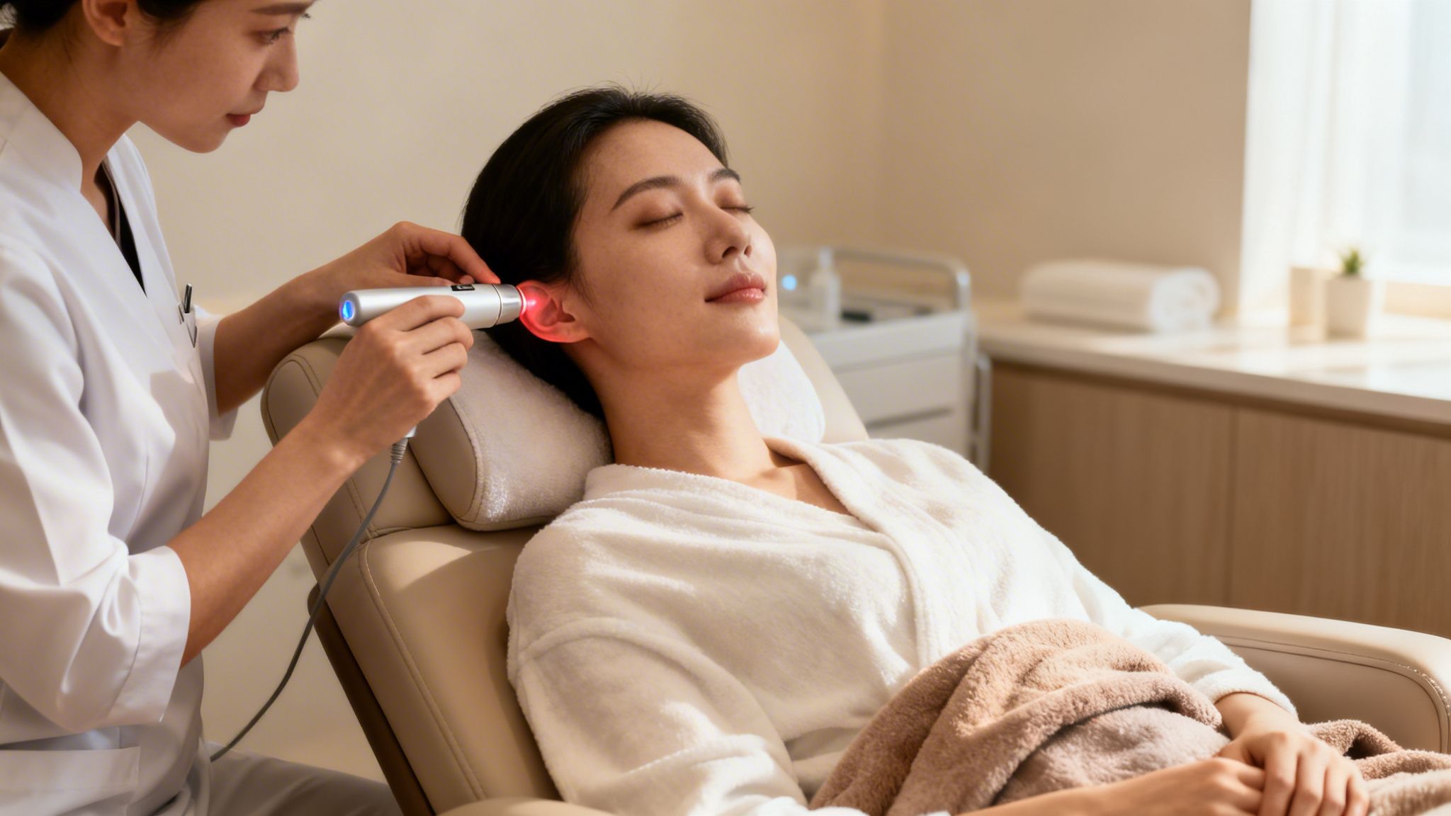 Une professionnelle administre un traitement d'auriculothérapie au laser rouge sur l'oreille d'une femme détendue.