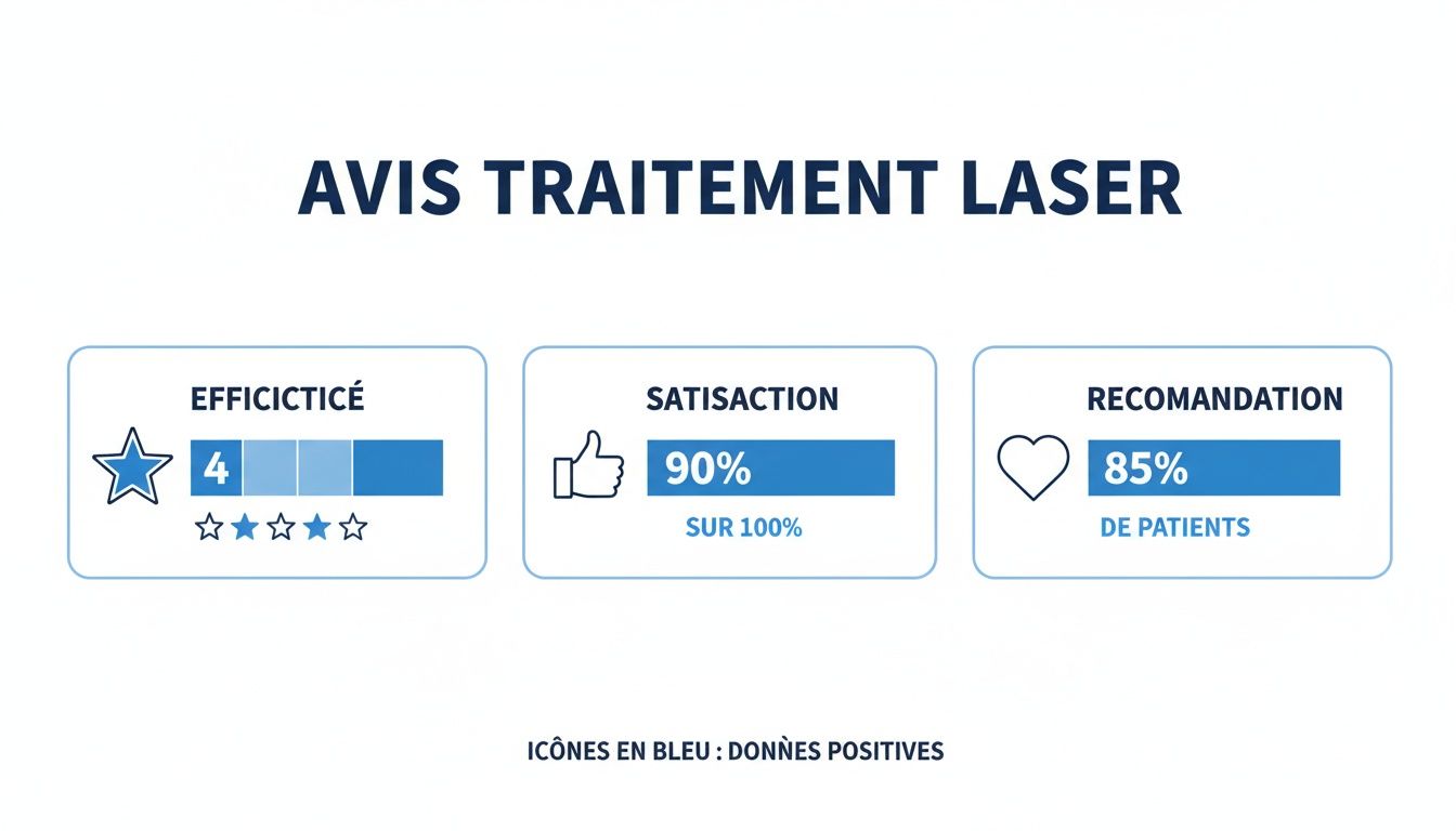 Infographie des avis sur le traitement laser, montrant l'efficacité, la satisfaction et le taux de recommandation.