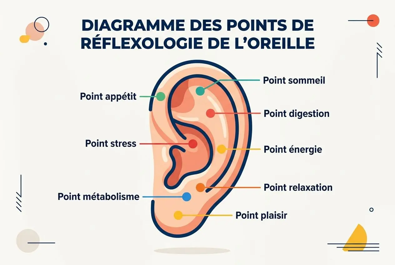 Schéma d'un oreille avec les points réflexes (appétit, stress, métabolisme, digestion, sommeil, énergie, relaxation, plaisir) pour l'auriculothérapie. intégrant le thème addiction au sucre.