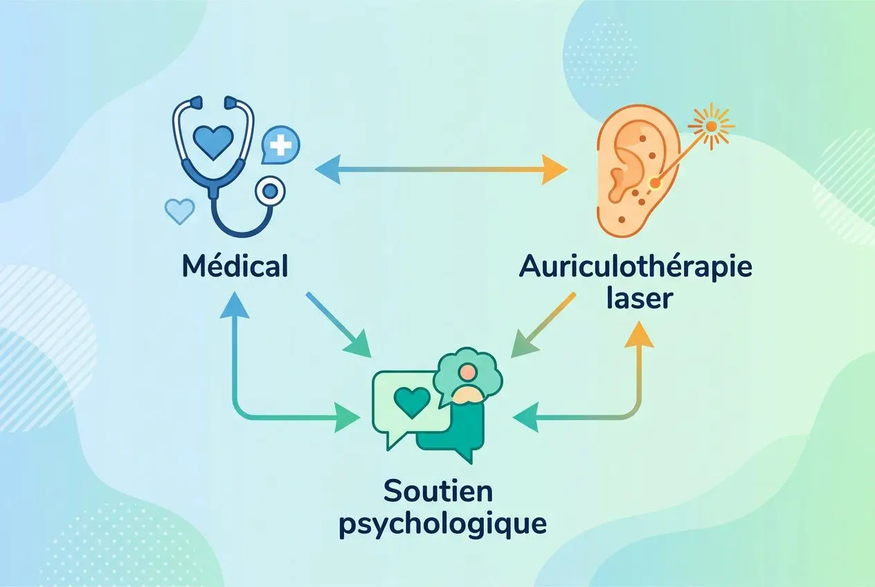 Schéma illustrant le soutien pour arrêter l’alcool: médical, soutien psychologique et aromathérapie/lithothérapie, avec échanges entre services. Inclut commentaire sur le sevrage et aide disponible.