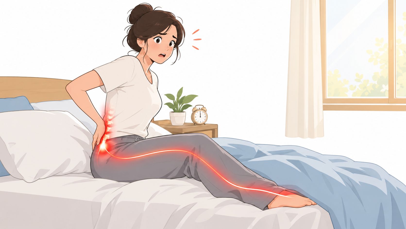 Une femme assise sur son lit souffrant d'une forte douleur au dos irradiant le long de sa jambe.