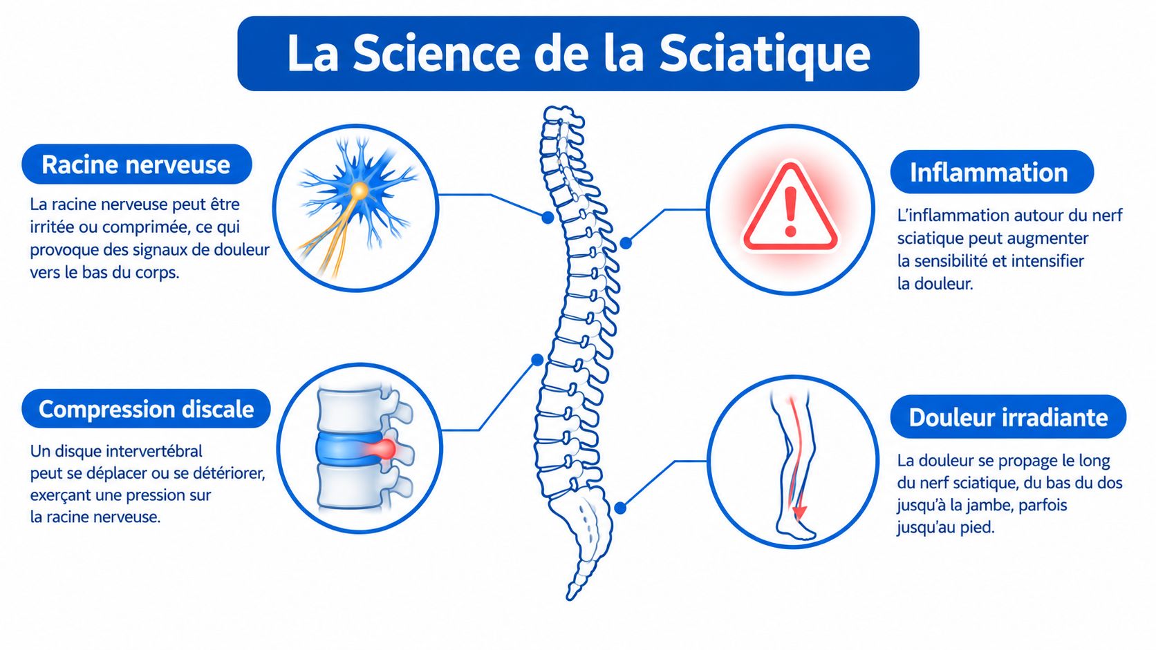 Schéma explicatif montrant les causes et les symptômes de la sciatique sur la colonne vertébrale humaine.