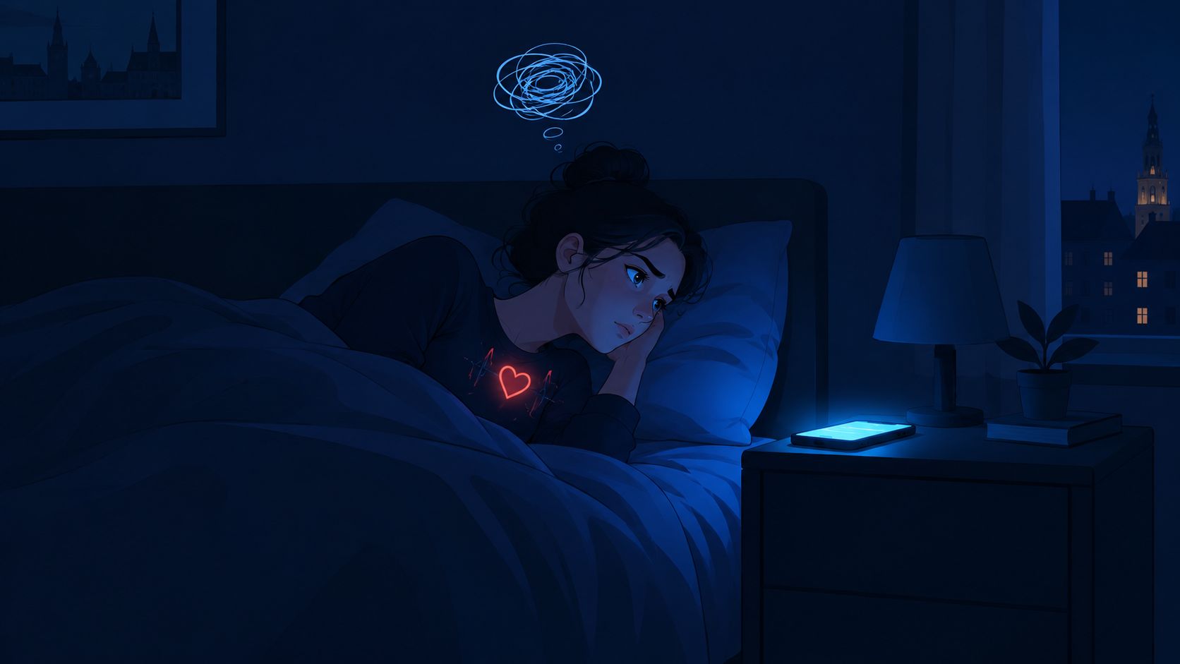 Troubles du sommeil stress anxiété : guide complet 2026 1 Une jeune femme inquiète et stressée allongée dans son lit sombre, regardant son téléphone la nuit.