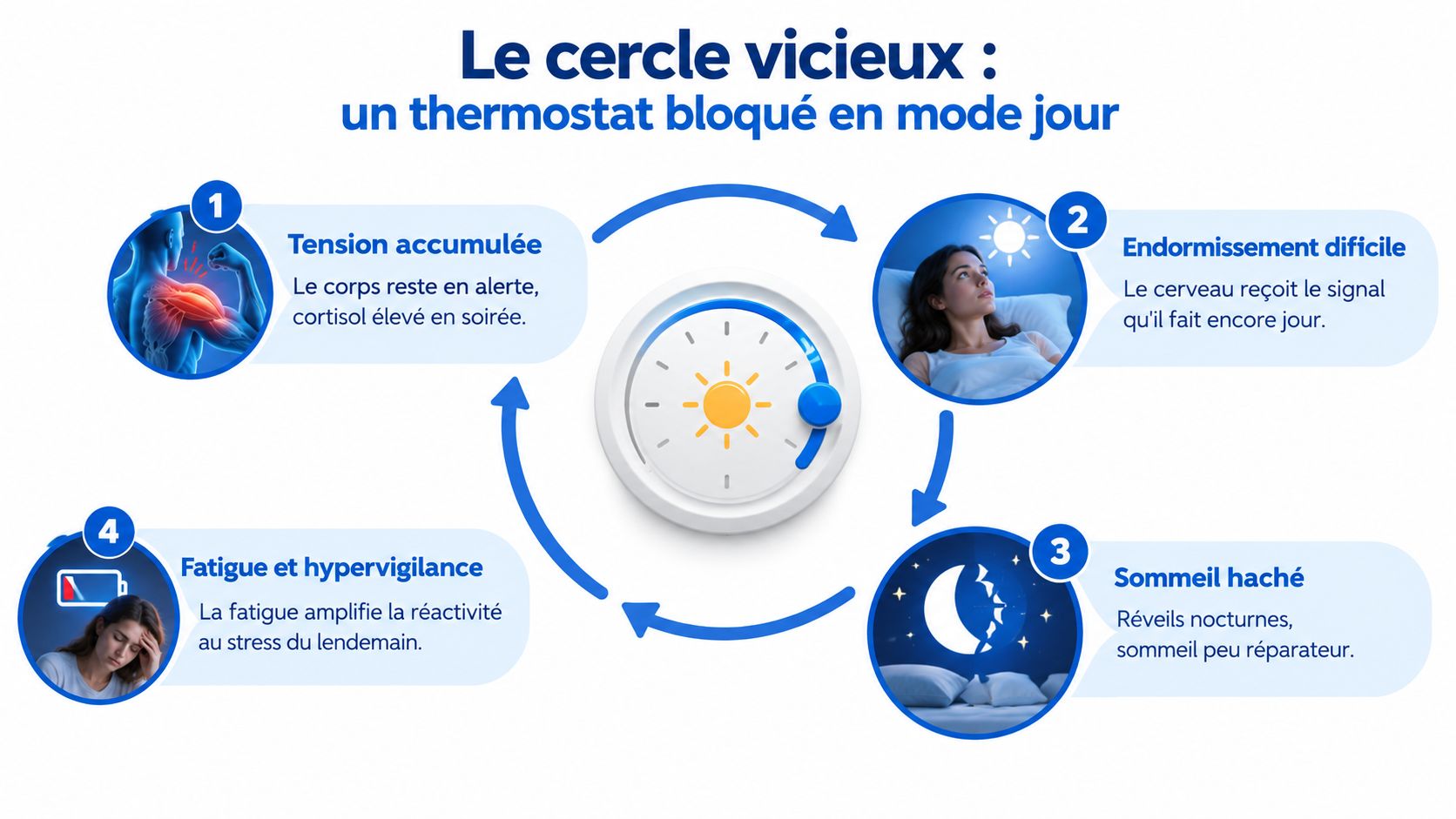 Troubles du sommeil stress anxiété : guide complet 2026 2 Schéma illustrant le cercle vicieux entre le stress, l'anxiété et les troubles du sommeil quotidien.
