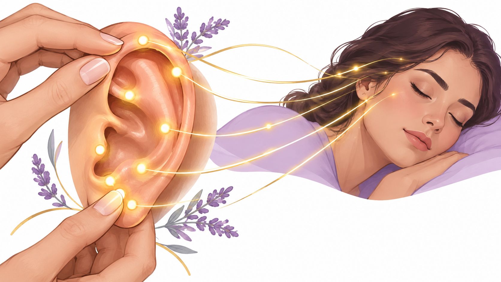 Illustration de réflexologie auriculaire montrant une femme détendue recevant un soin pour améliorer son sommeil.