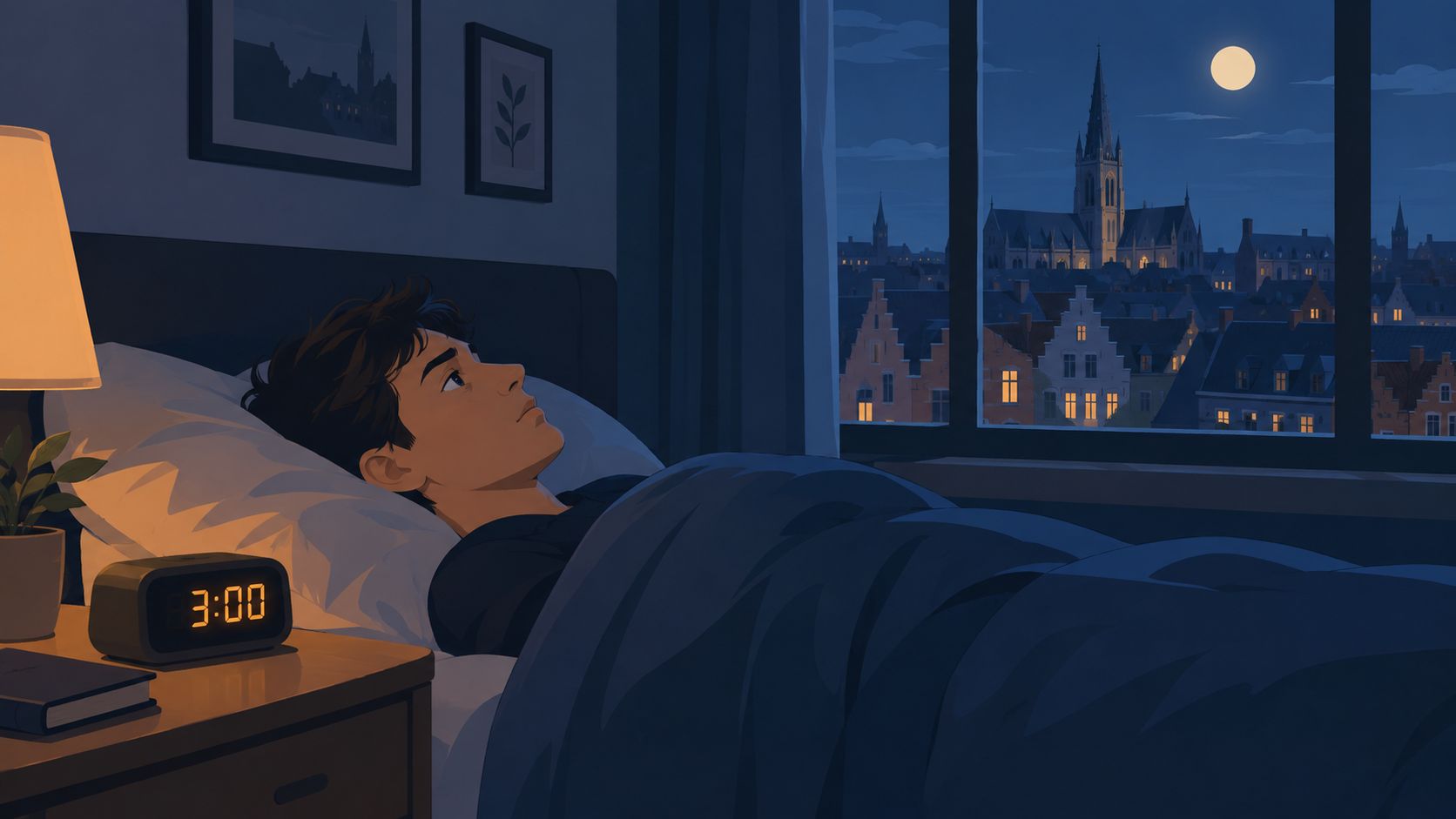 Un jeune homme allongé dans son lit, incapable de dormir, regardant par la fenêtre une ville nocturne.