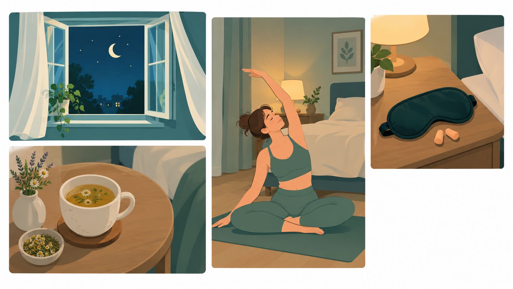 Illustration de conseils de bien-être pour le sommeil comprenant du yoga, de la tisane et des accessoires