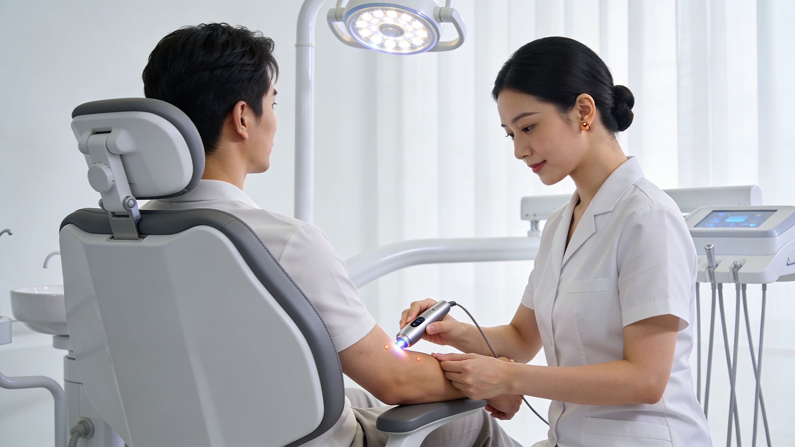 Avis Laser Anti Tabac: Notre Verdict 2026 5 Une praticienne utilise un appareil laser sur le bras d'un patient lors d'une séance de sevrage tabagique.