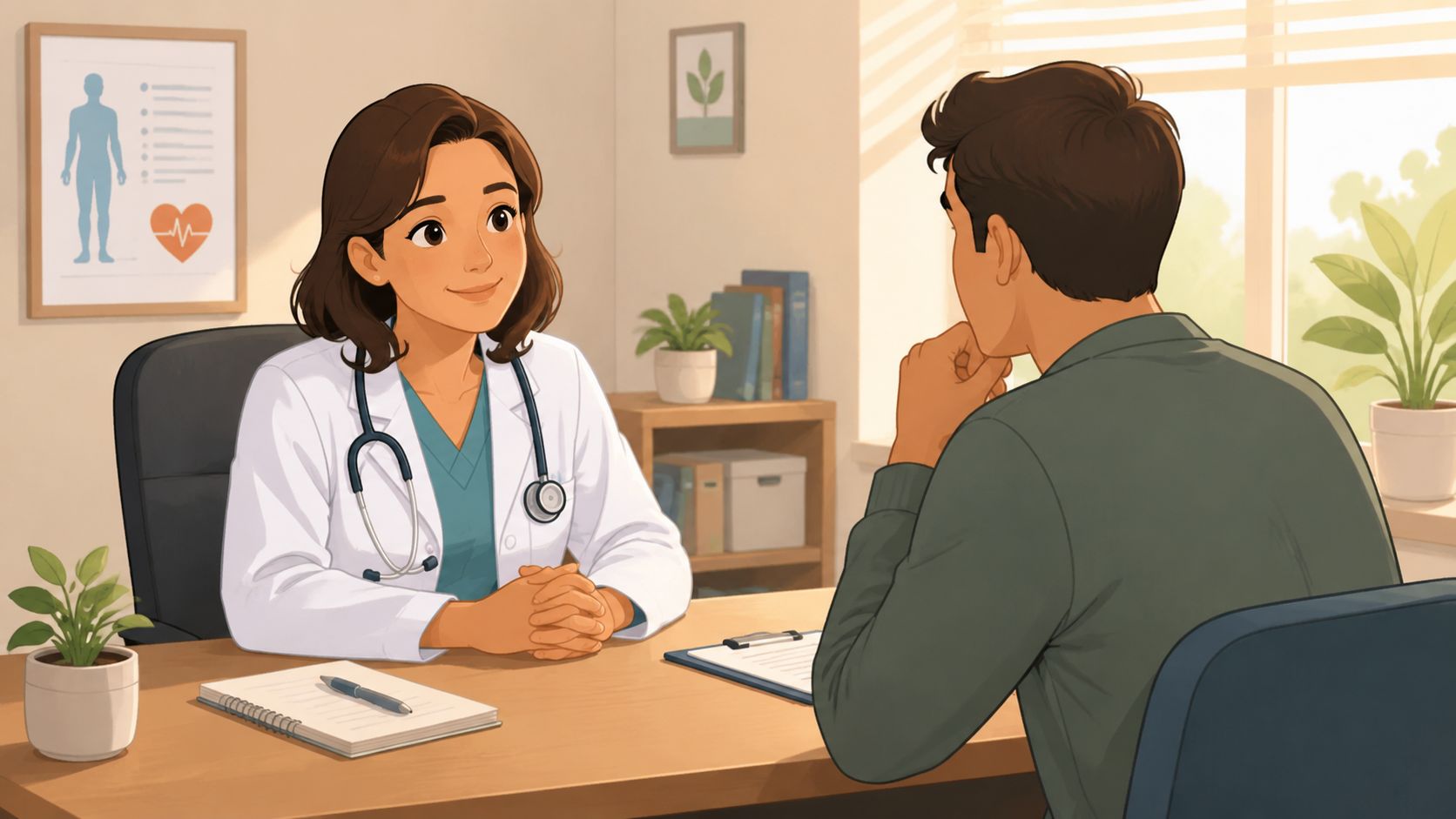 Une femme médecin souriante en blouse blanche consultant un patient dans un cabinet médical professionnel et lumineux.