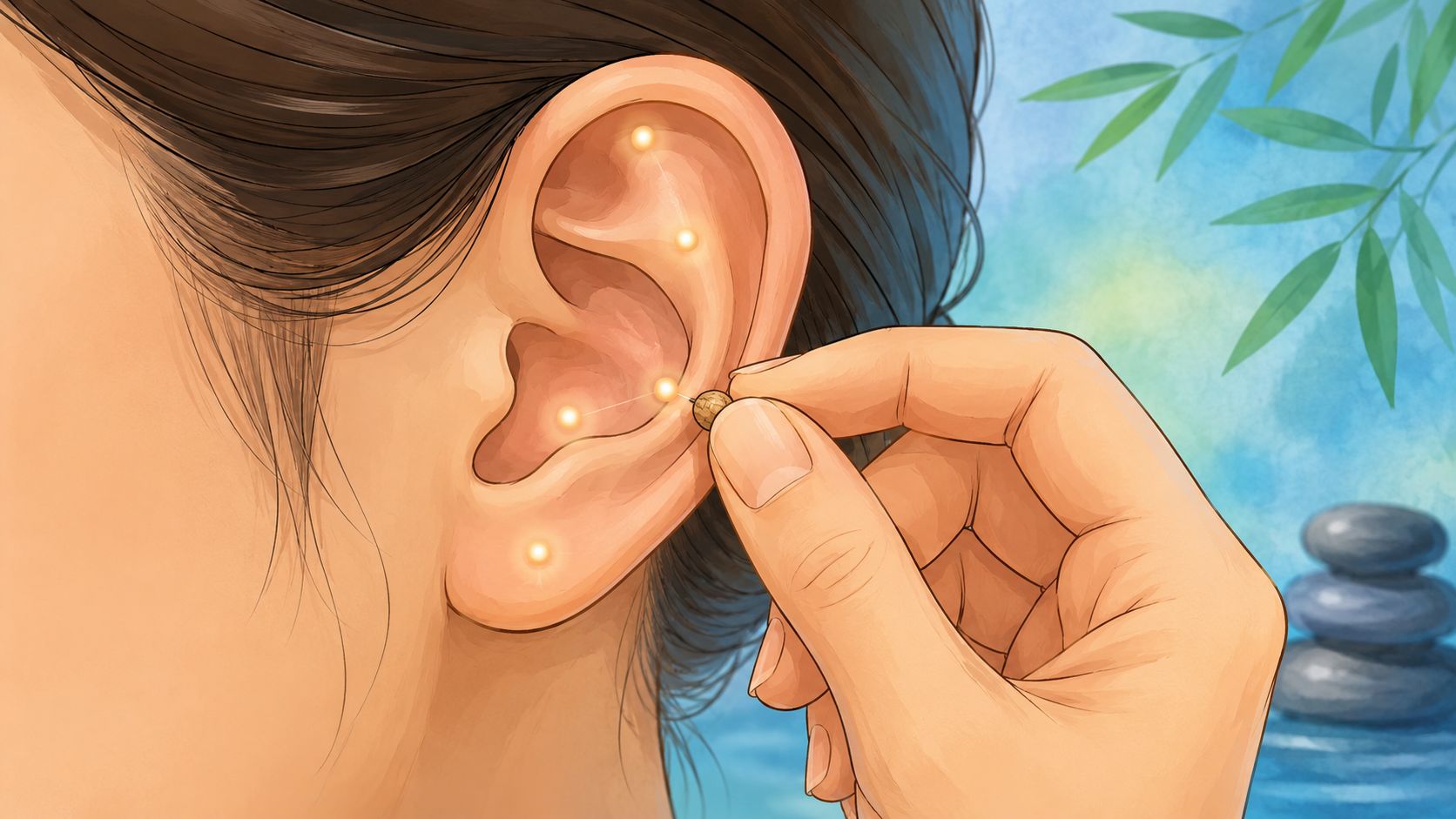 Une personne utilisant des graines d'acupression sur l'oreille pour aider à réduire sa consommation d'alcool.