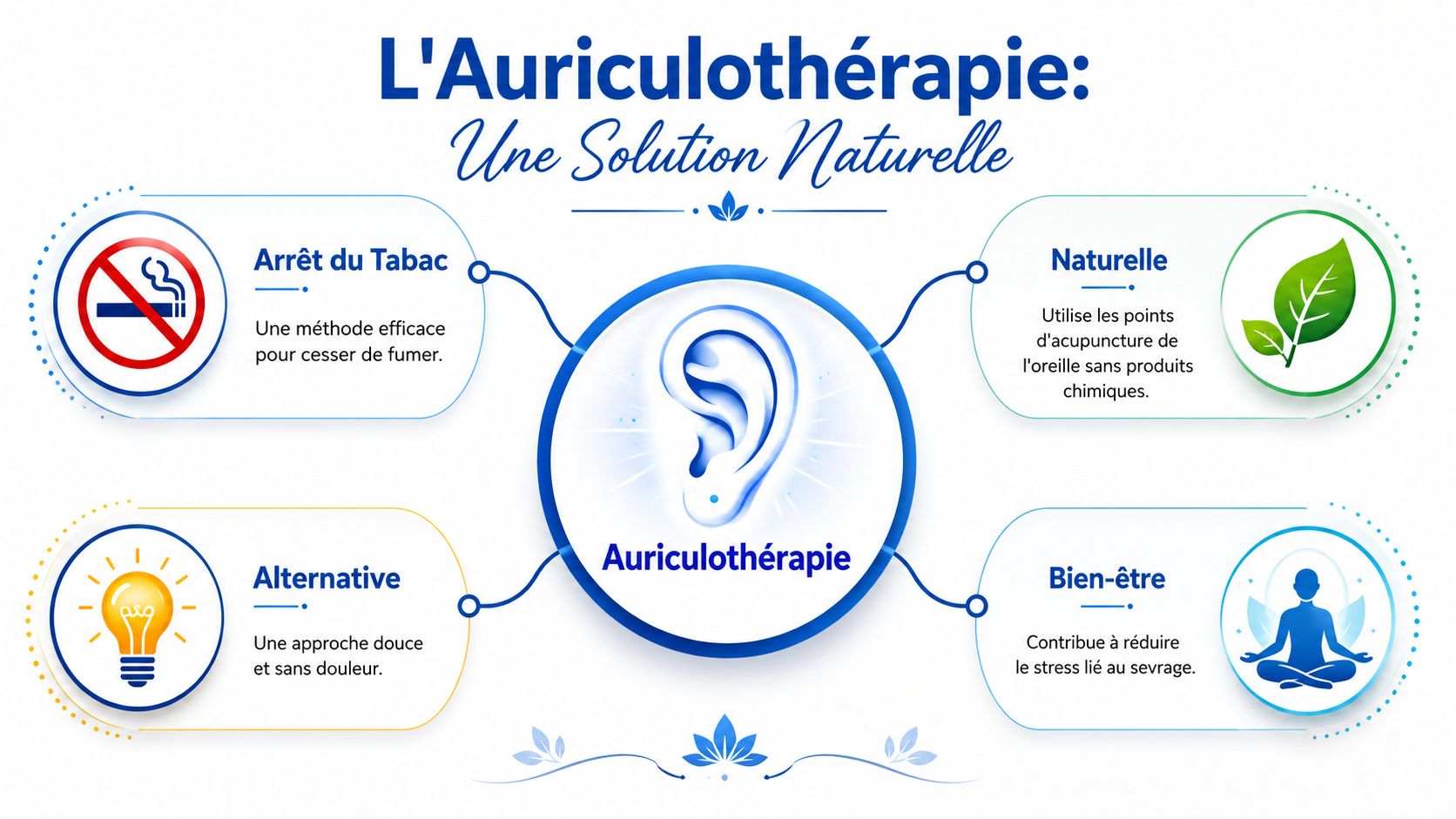 Centre spécialisé arrêt tabac auriculothérapie proche de moi 1 Infographie illustrant les bienfaits de l'auriculothérapie pour l'arrêt du tabac, la relaxation et le bien-être général.