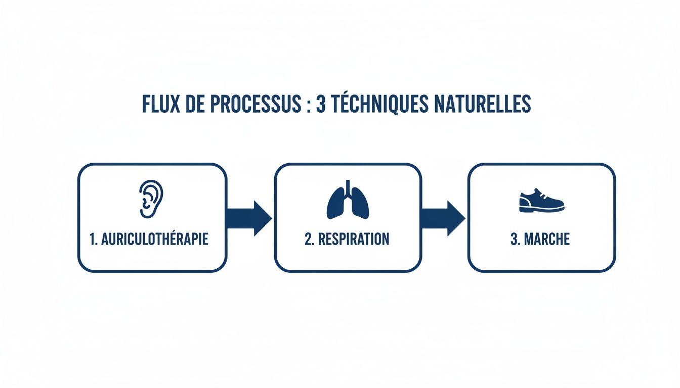 Arrêter addiction sans médicament ni substitut nicotine 4 Diagramme de flux décrivant 3 techniques naturelles : auriculothérapie (oreille), respiration (poumons) et marche (chaussure).