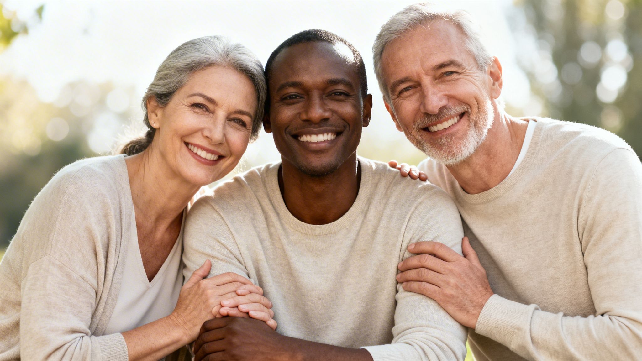 Arrêter addiction sans médicament ni substitut nicotine 5 Trois personnes souriantes, un homme noir et un couple d'âge mûr, posant ensemble en plein air.