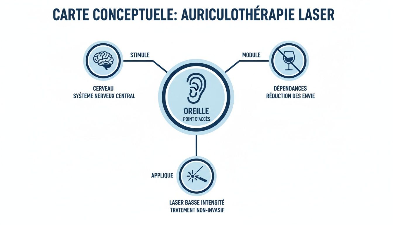 Carte conceptuelle illustrant l'auriculothérapie laser, décrivant l'oreille comme point d'accès pour stimuler le cerveau et moduler les dépendances.