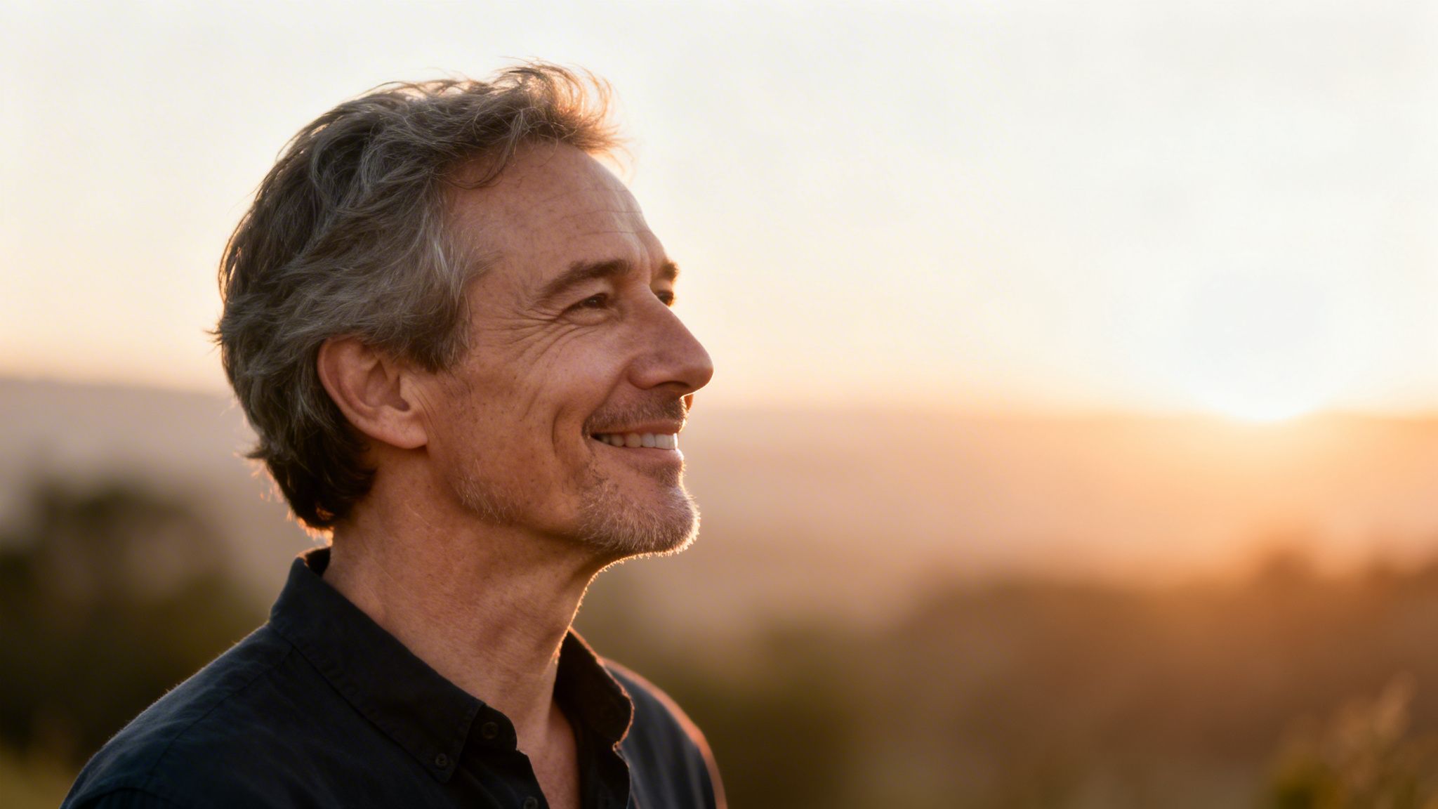 Un homme d'âge mûr avec une barbe grisonnante sourit paisiblement au coucher du soleil.