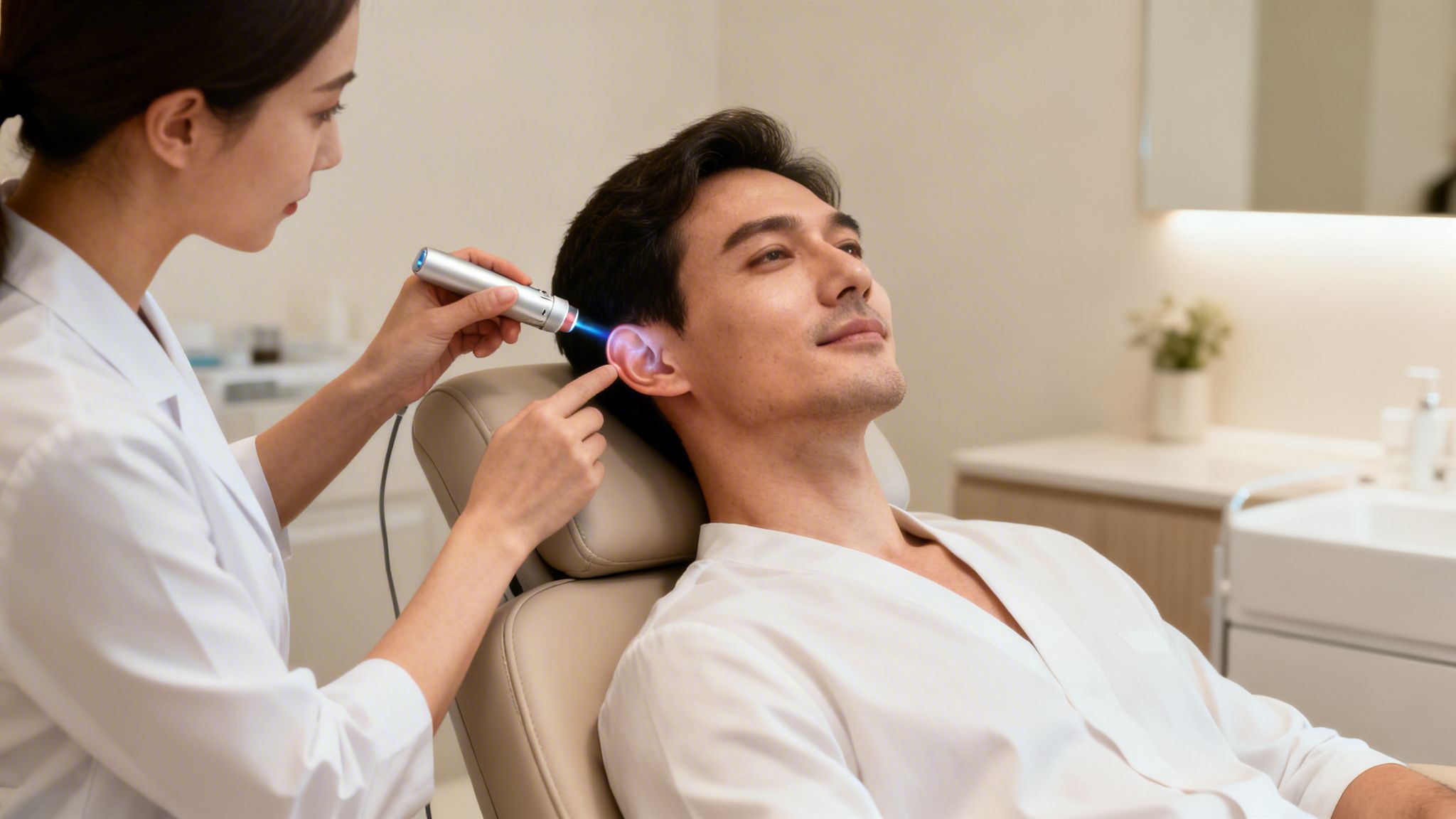 Une thérapeute utilise un laser bleu sur l'oreille d'un homme détendu lors d'une séance de traitement.