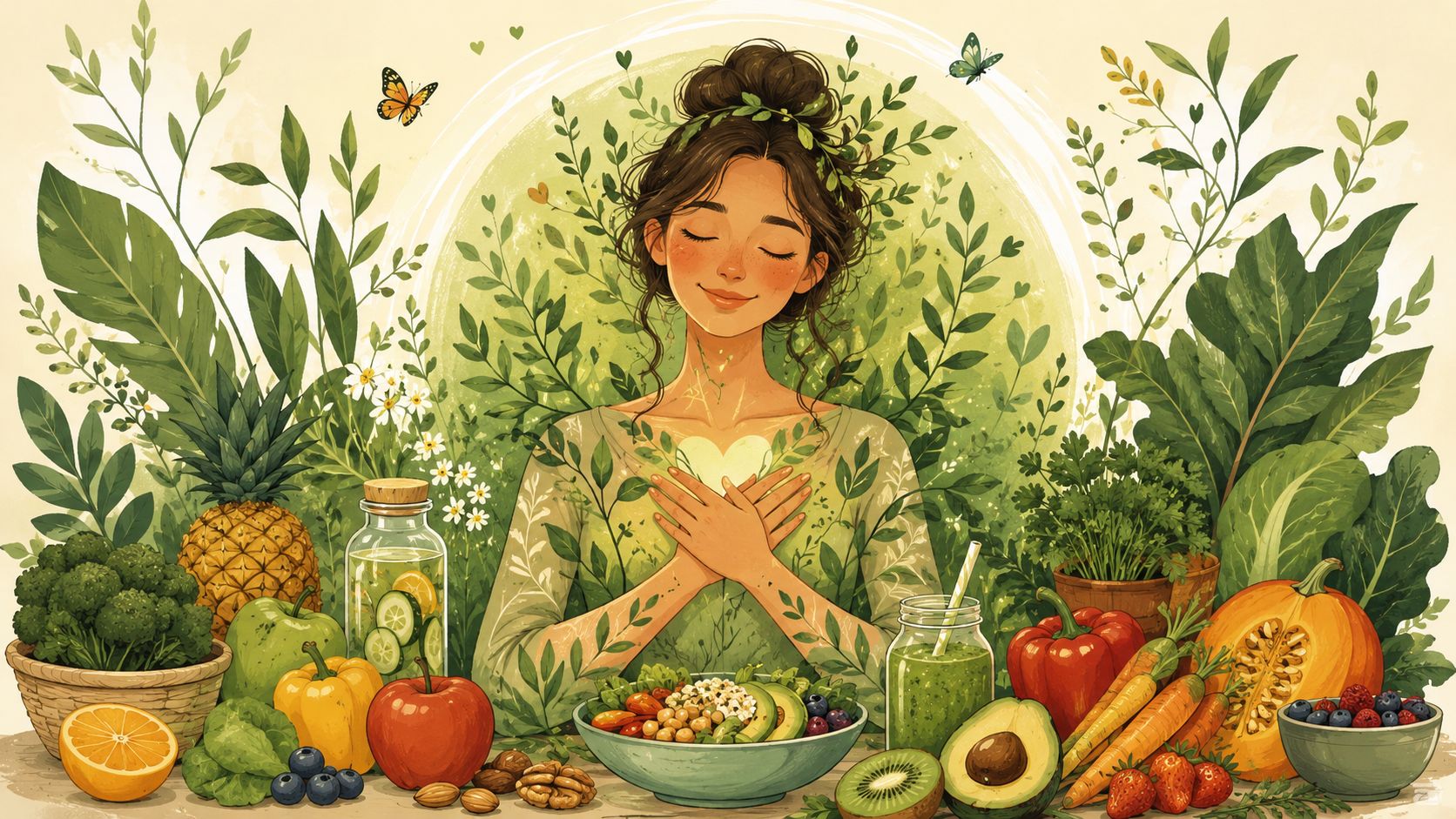 Une femme sereine entourée de légumes frais, de fruits et de nature symbolisant une alimentation saine et équilibrée.