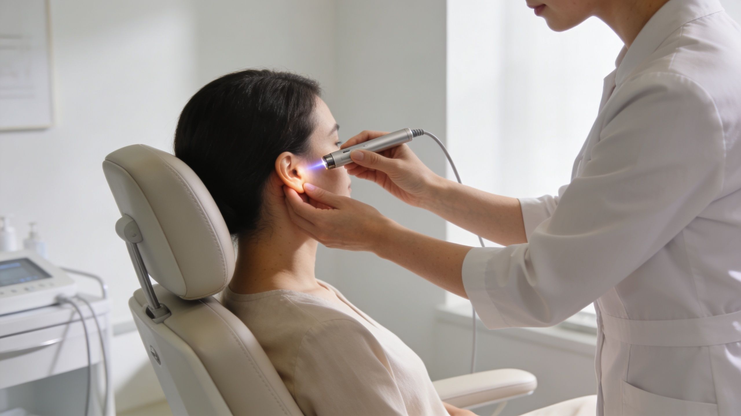 Une professionnelle de santé effectuant un traitement au laser sur l'oreille d'une patiente en cabinet médical.