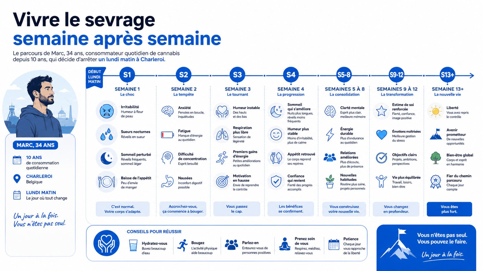 Infographie montrant le parcours de sevrage du cannabis semaine après semaine pour une vie plus saine.