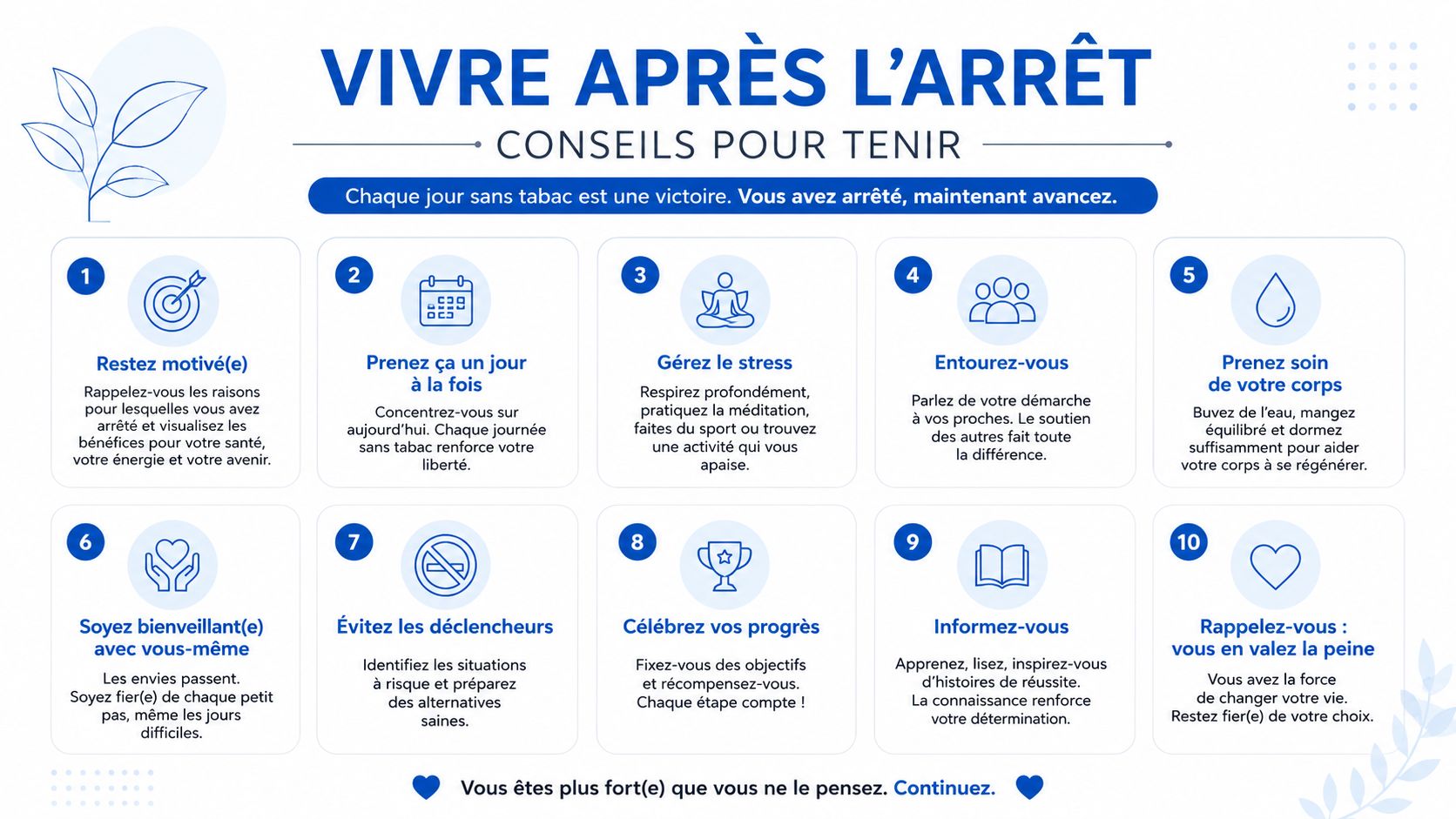 Une infographie avec dix conseils pratiques pour maintenir l'arrêt de la consommation de tabac ou de cannabis.