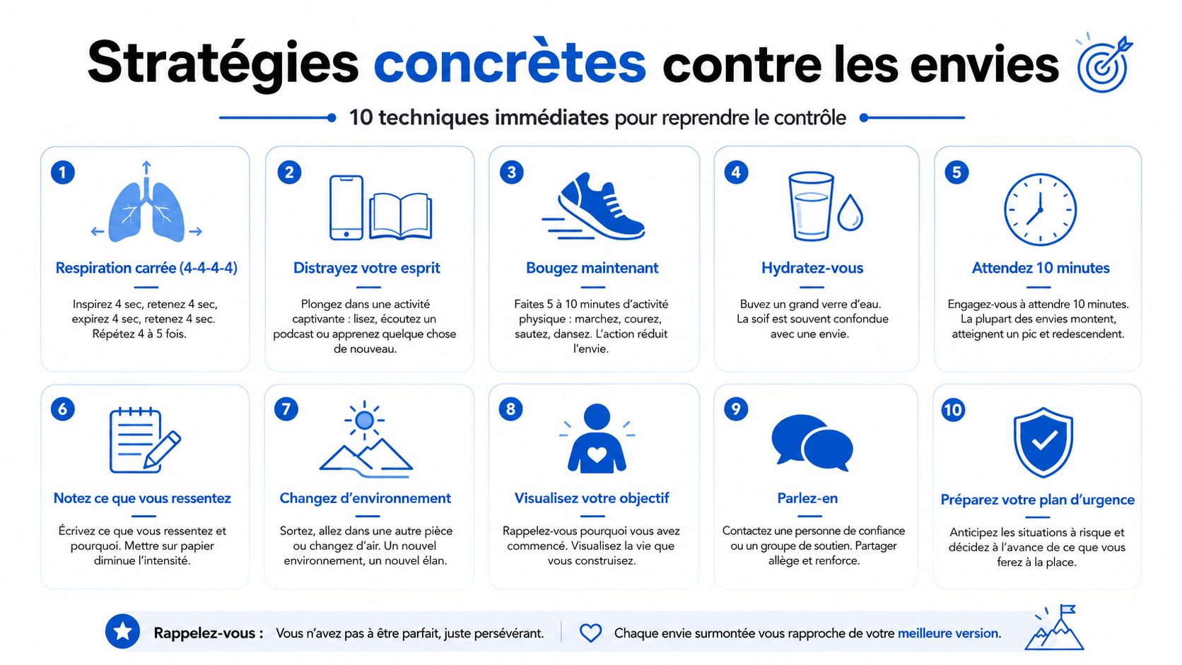 Une infographie présentant dix stratégies concrètes pour gérer et surmonter les envies compulsives ou les tentations.