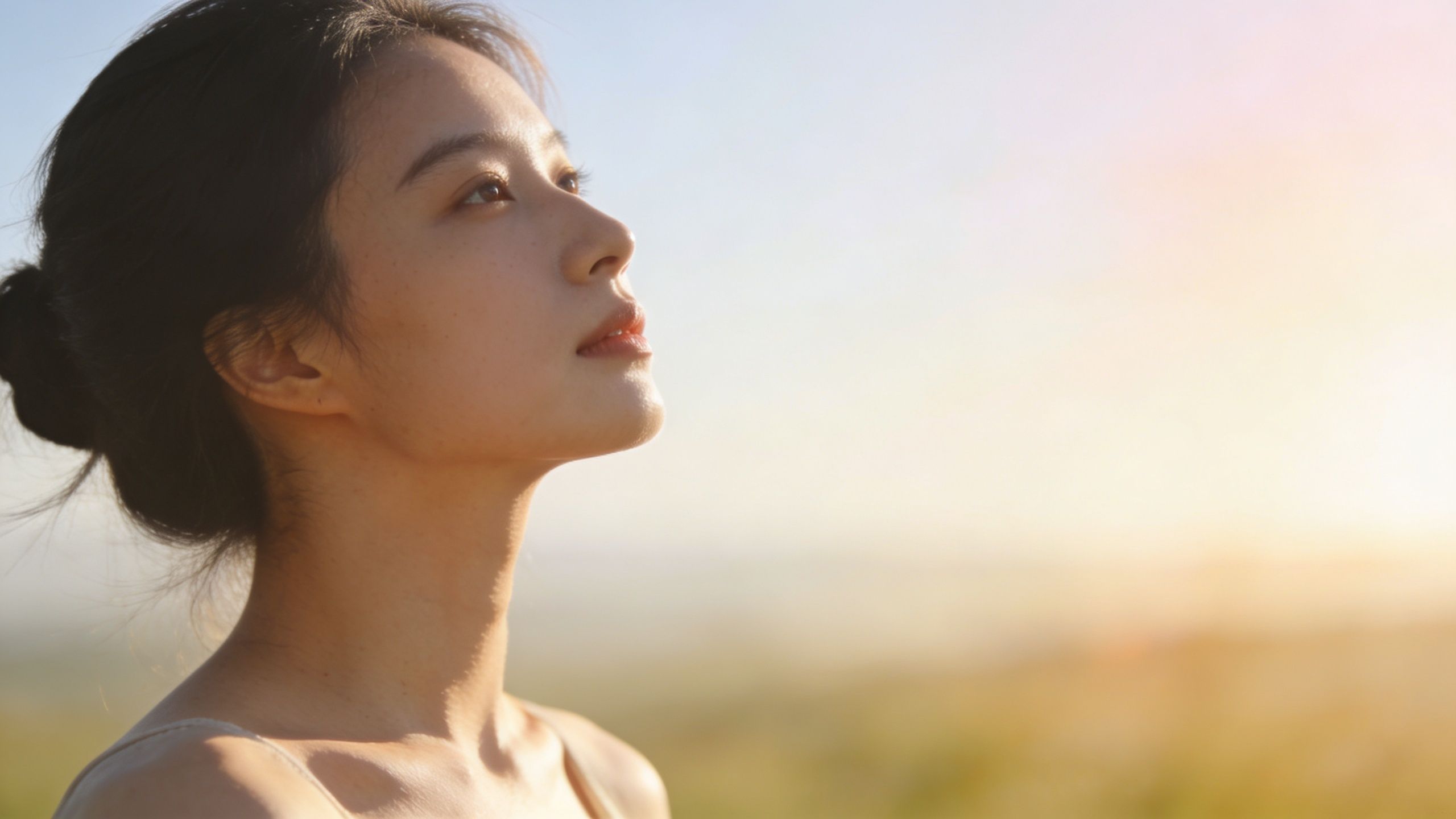 Une jeune femme regarde le ciel avec espoir, profitant de la lumière douce du soleil couchant extérieur.