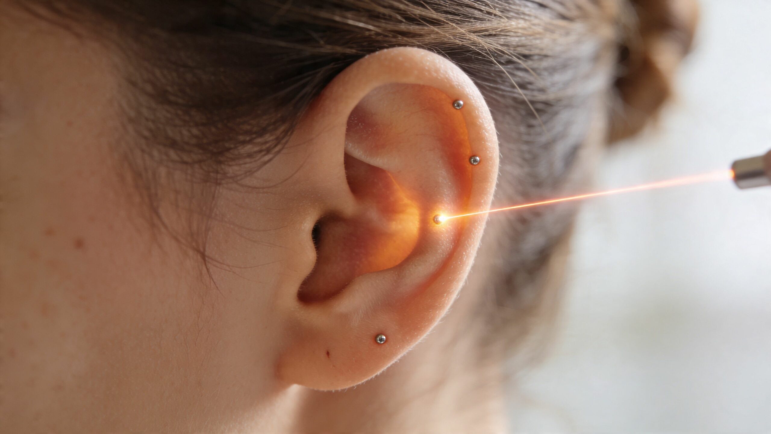 Une séance d'auriculothérapie laser pour aider à arrêter de fumer sur le pavillon de l'oreille.