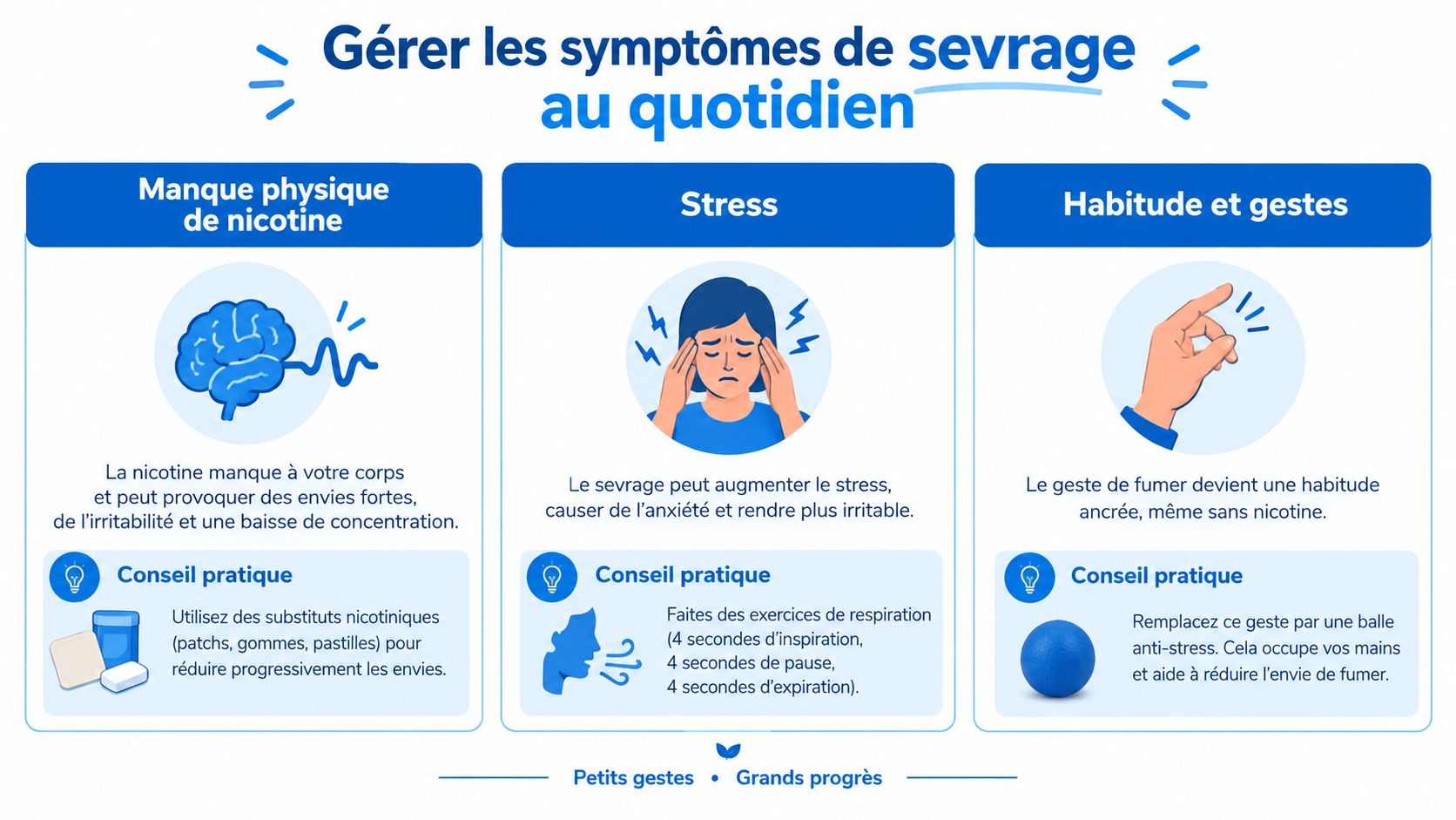 Infographie illustrant des conseils pratiques pour gérer quotidiennement les symptômes de sevrage liés à l'arrêt du tabac.