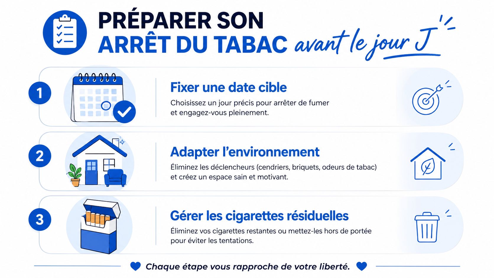 Une infographie en trois étapes illustrant comment préparer son arrêt du tabac avant le jour J.