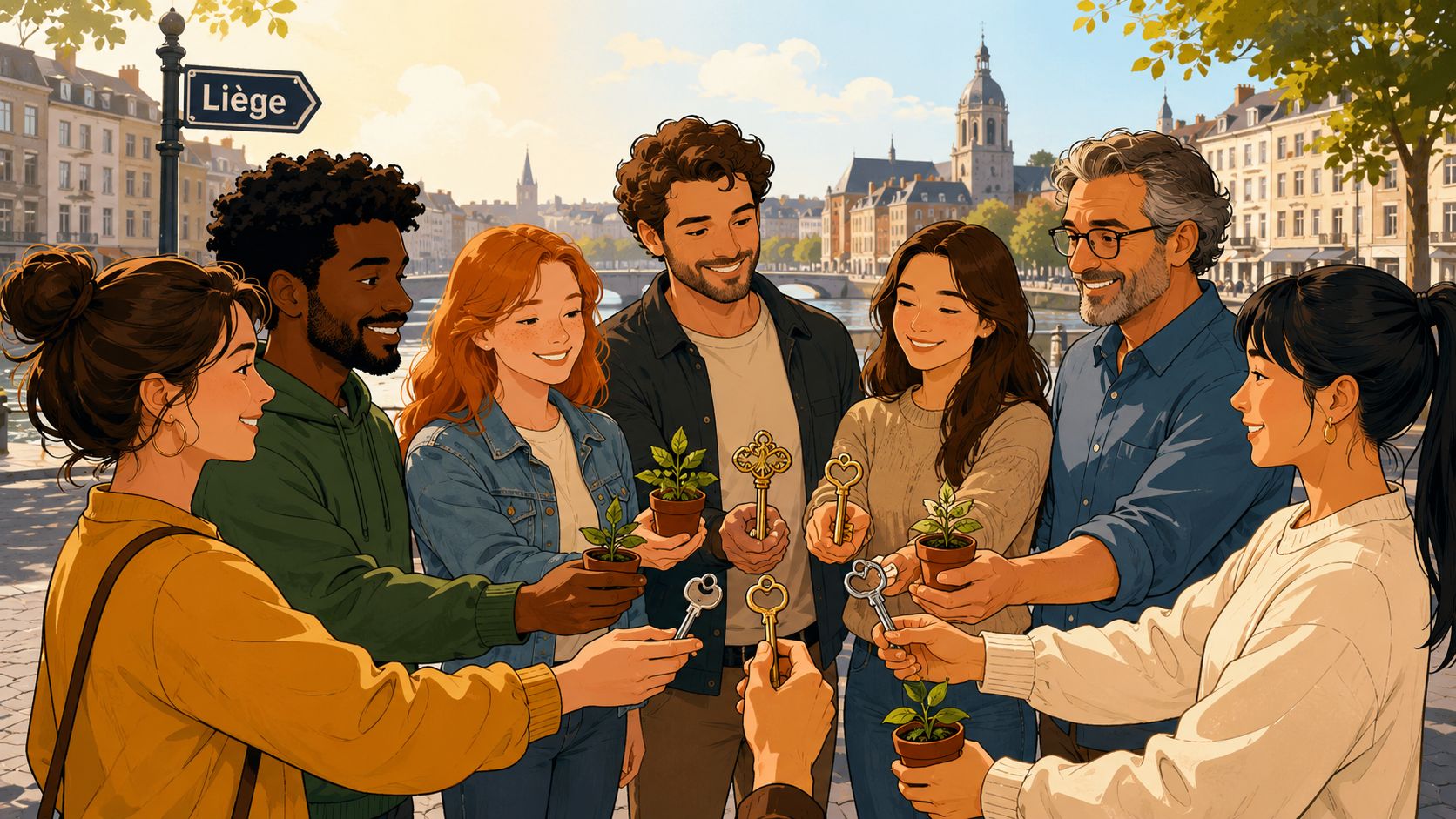Un groupe diversifié de personnes souriantes tenant des clés et de petites plantes dans une ville belge.