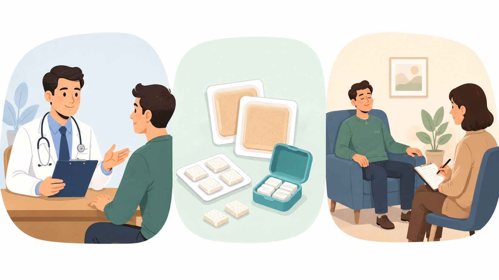 Une illustration montrant différentes méthodes pour arrêter de fumer avec l'aide d'un professionnel de santé.