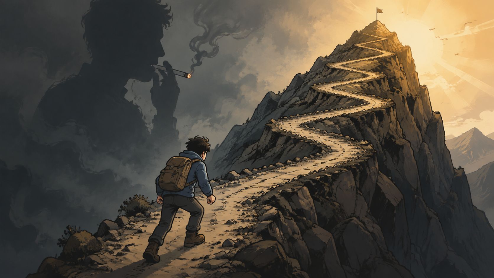 Un jeune randonneur marche vers le sommet d'une montagne en s'éloignant d'une ombre fumante symbolisant l'addiction.