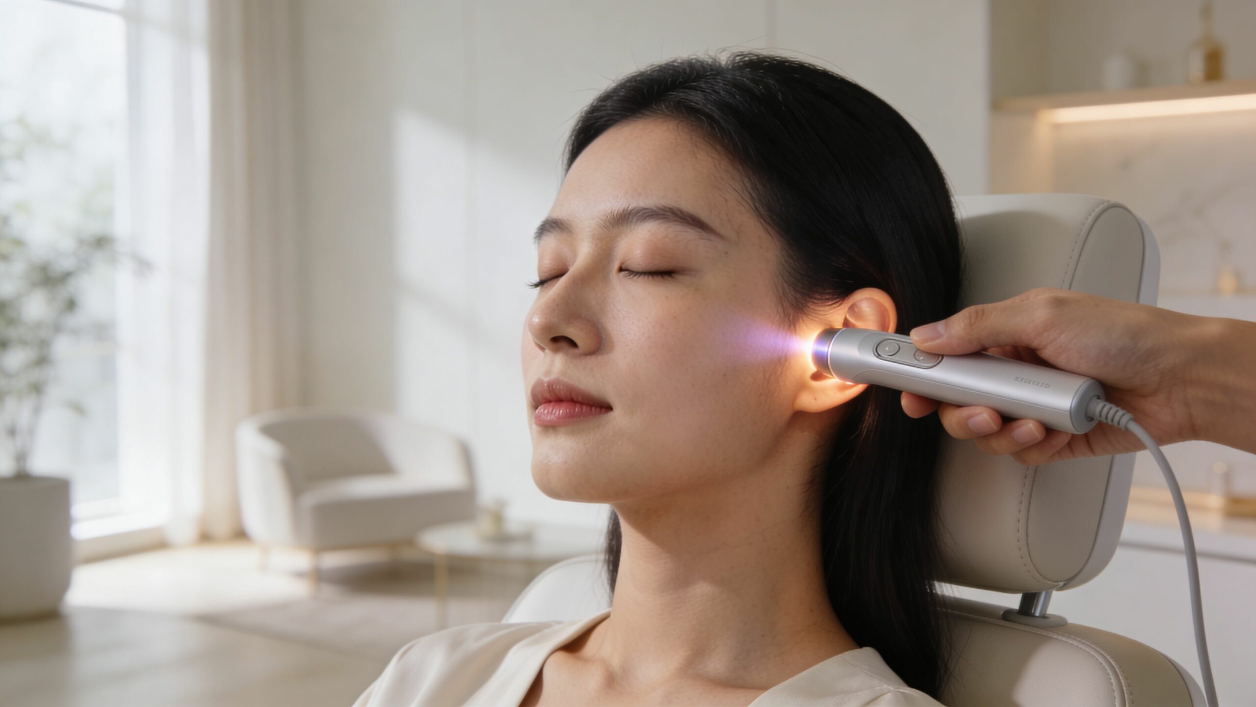 Une femme recevant un traitement laser pour arrêter de fumer par un praticien dans un cabinet médical.